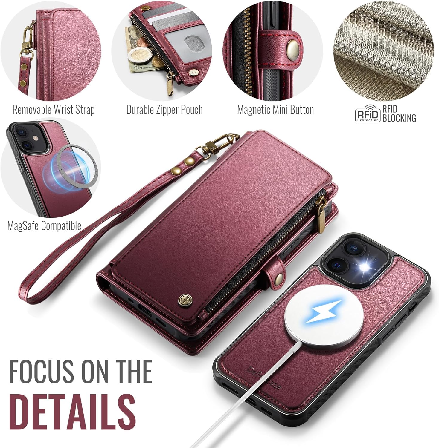 Defencase for iPhone 12/ Pro Magnetic Wallet Case Compatible with Magsafe with RFID Blocking Zipper Strap Card Holder for Women, PU Leather Detachable Case for iPhone 12 & 12 Pro 6.1 inches, Wine Red