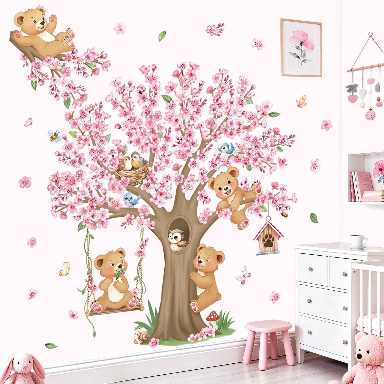 decalmile Woodland Animals Large Cherry Blossom Tree Wall Stickers Pink Flower Bear Wall Decals Baby Nursery Kids Bedroom Living Room Home Decor