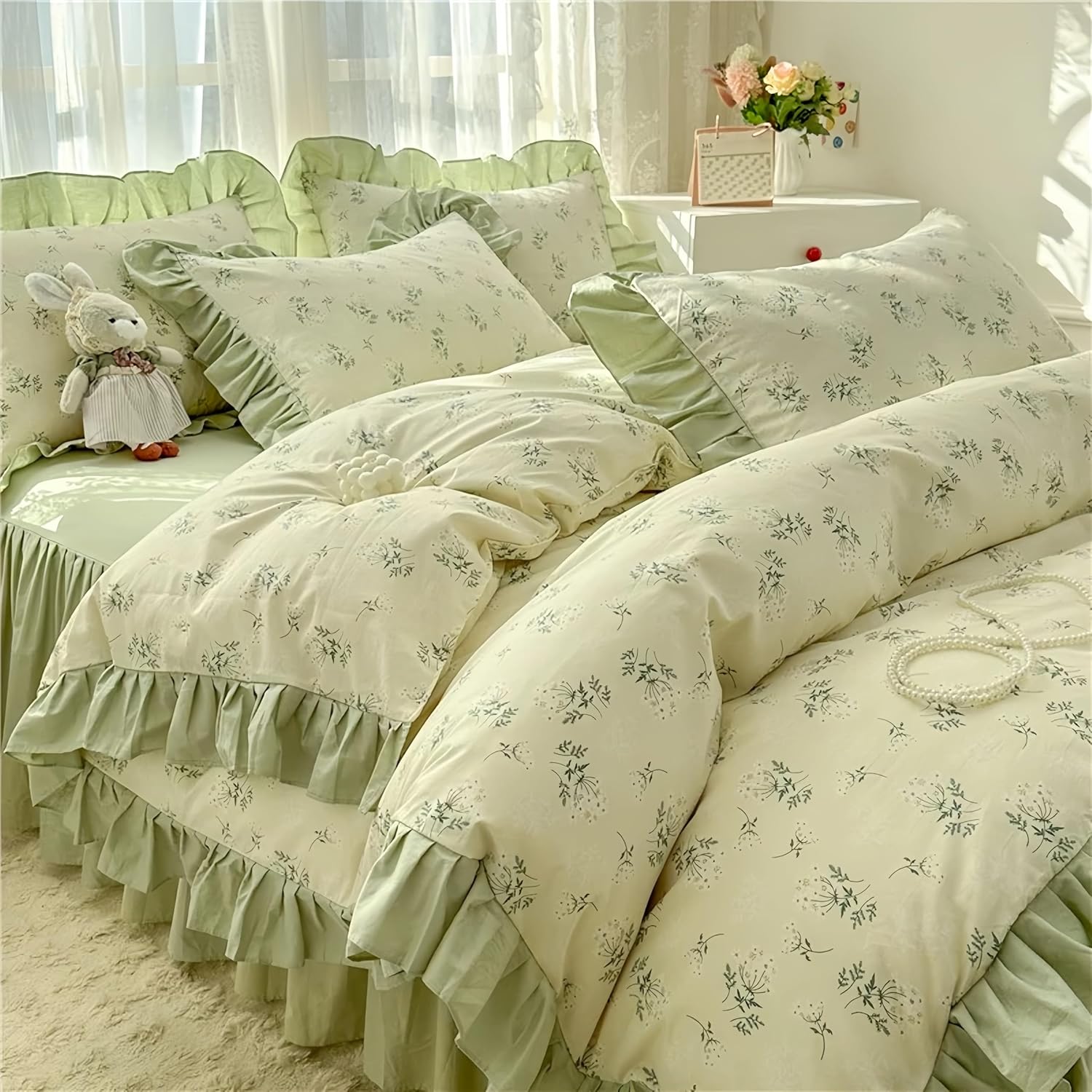 4pcs Duvet Cover Set Queen Size-100% Luxury Cotton Ultra Soft Ruffle bedding set includ 1 Duvet Cover with Zipper Ties,1 Fitted Sheet with Bed Skirt, 2 lace Pillow Shams for all season (light green)