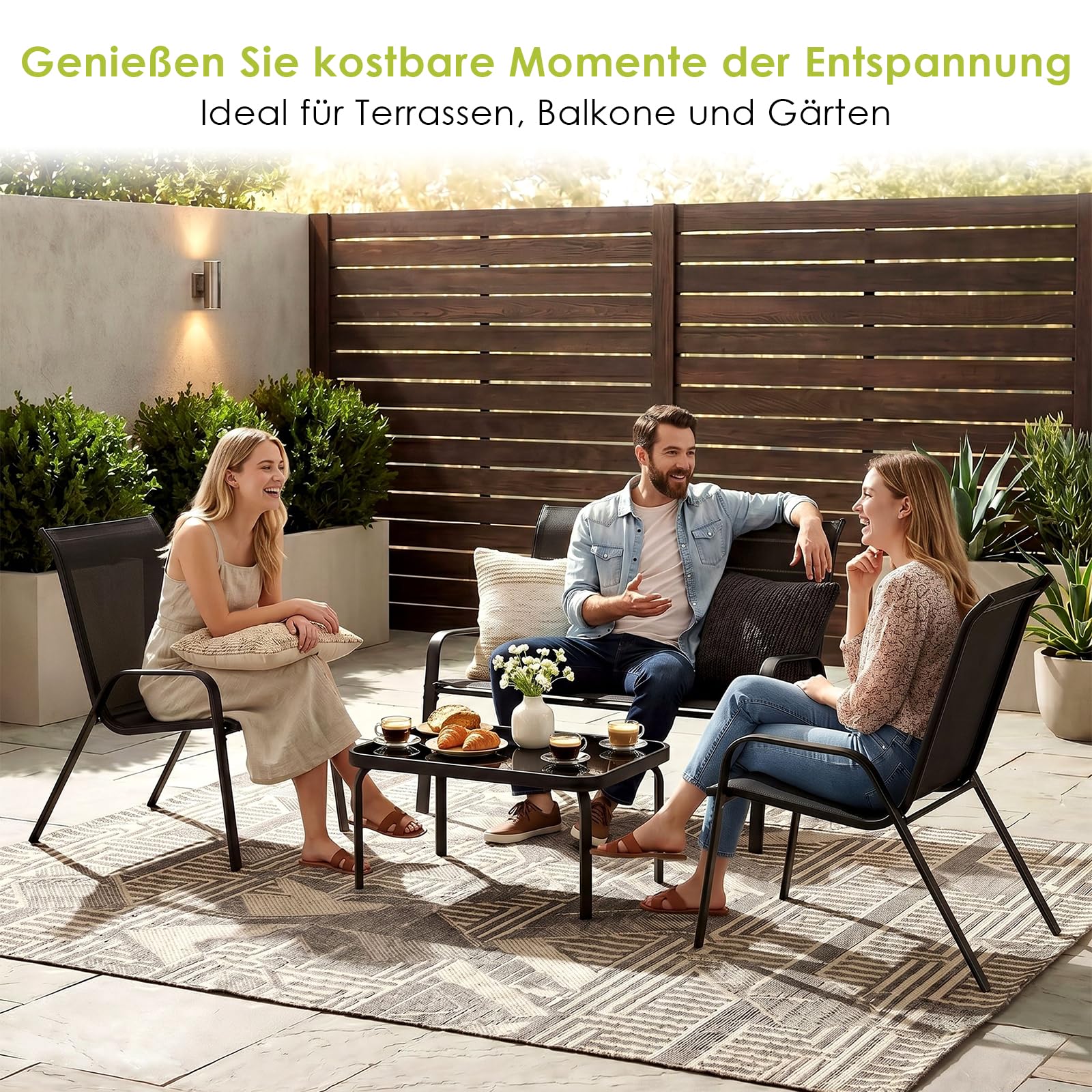 LIFERUN Gartenmöbel Set 4-teilig für 4 Personen, Modern Sitzgruppe Outdoor | Balkonmöbel mit 1 Gartenbank, 2 Stühlen & 1 Glastisch, Wetterfeste Textilene, Lounge für Kleiner Balkon & Terrasse (Schwarz)