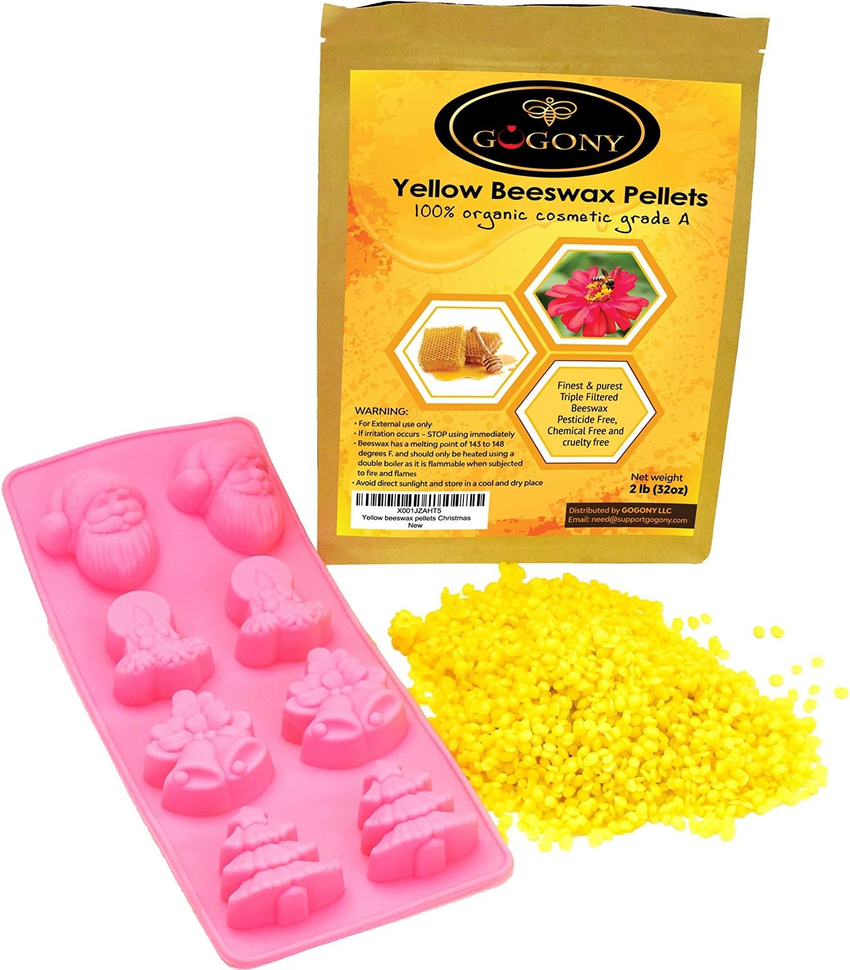 GoGony Organic Yellow Beeswax Pellets 2lbs Cosmetic Grade, Natural & Pure Bees Wax Pastilles, Triple Filtered & Great for DIY Lip Balms, Skin Moisturizers, Candles, Lip Gloss, Lotions & More