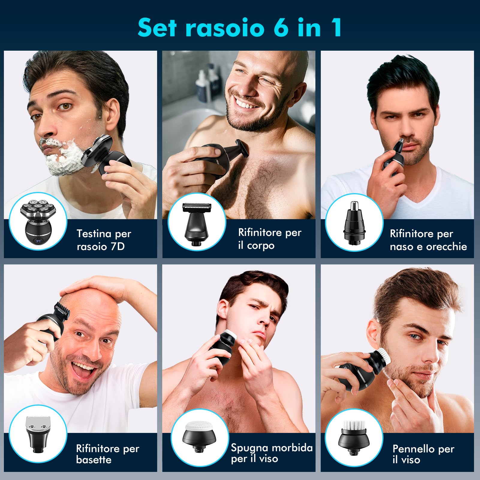 ETENTOUS 7D Magnetici Rasoio Elettrico Barba, Rasoio Testa Calva Uomo | Ricaricabile Rasoio Capelli Uomo, Testa Impermeabile IPX7, Display LED Rasoio Elettrico Corpo Uomo, 9 Kit di Bellezza