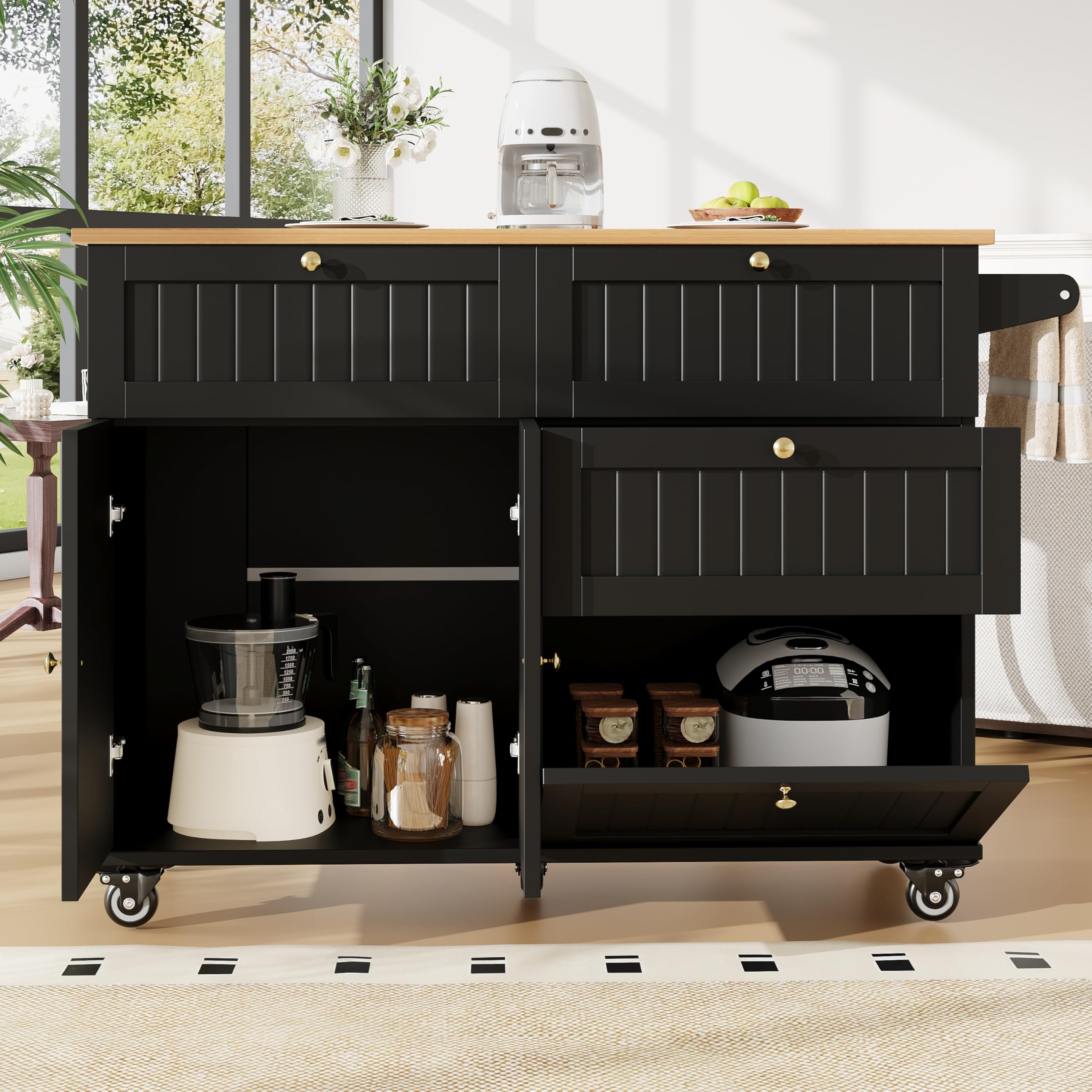 Bladez Isola cucina con ruote e piano estraibile, carrello cucina multifunzione con tavolo integrato, cassetti e ripiani, penisola cucina e scrivania angolare, mobile salvaspazio nero