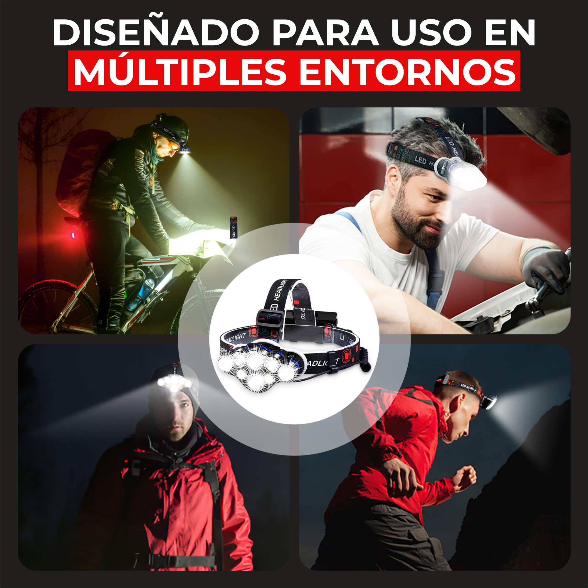 Linterna Frontal LED Recargable Alta Potencia , 4 Baterías Incluidas, 8 Modos, 18000 Lúmens y Luz Roja Trasera, Ángulo Ajustable 90°, Impermeable IP44, para Running, Camping y Senderismo, Profesional