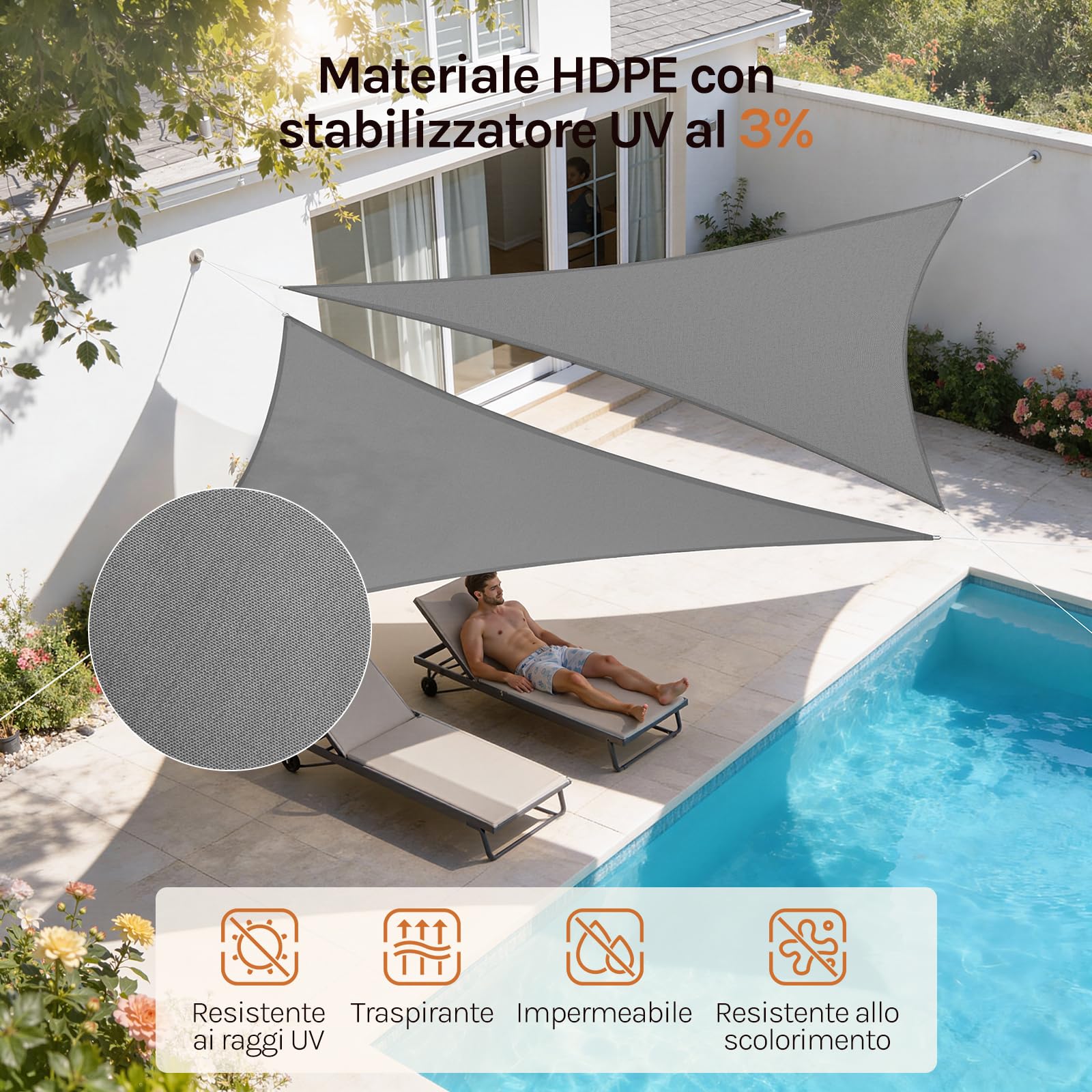 WOLTU Vela ombreggiante 5x7x7m HDPE 180 g/m² Traspirante Tenda a Vela Parasole Triangolare Anti UV Grigio