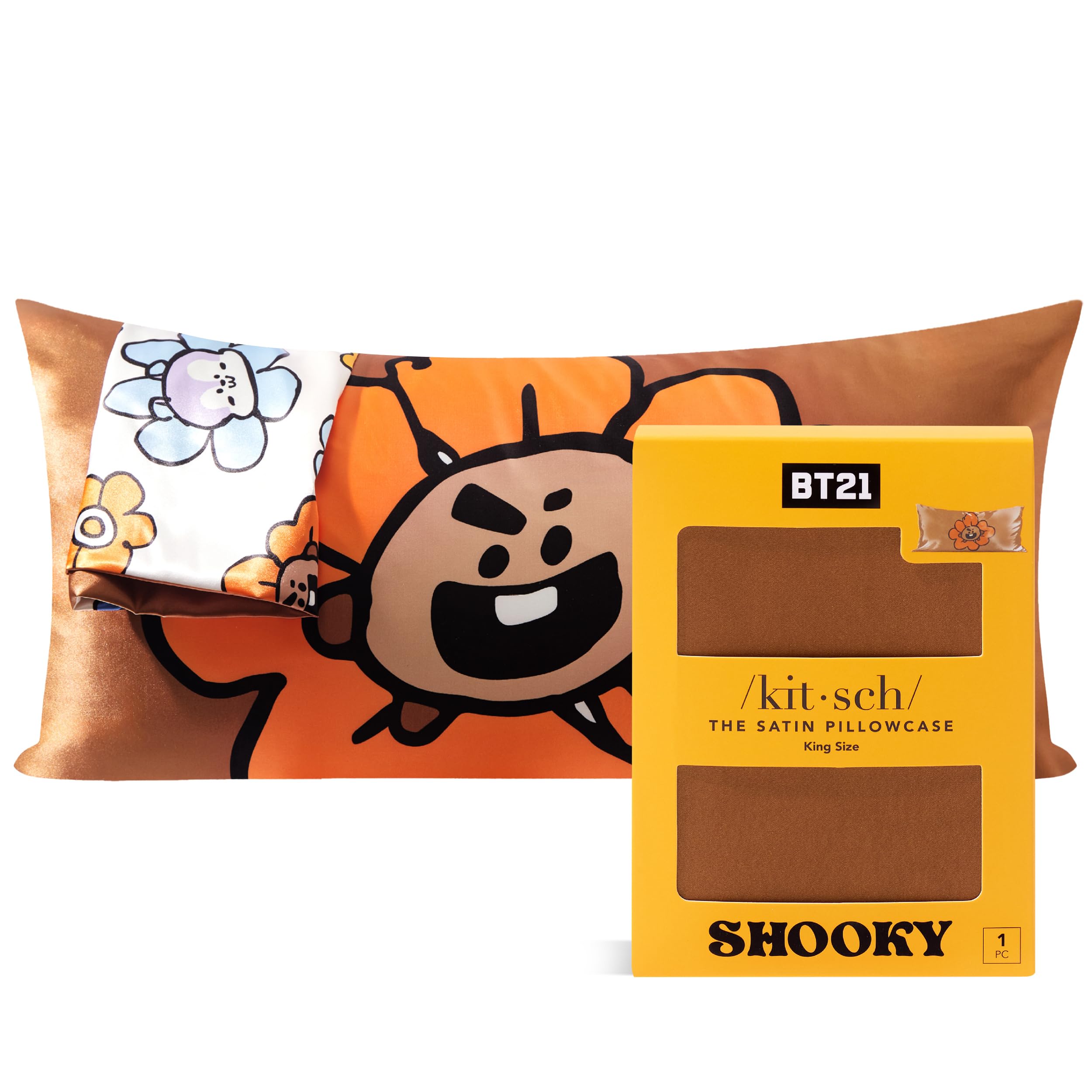 Kitsch x BT21 (Shooky) Satin Pillowcase with Zipper for Hair & Skin - Softer Than Silk Pillow Cases, Smooth Cooling Pillow Cover, Wrinkle-Free, Machine Washable, King Size (19x36)