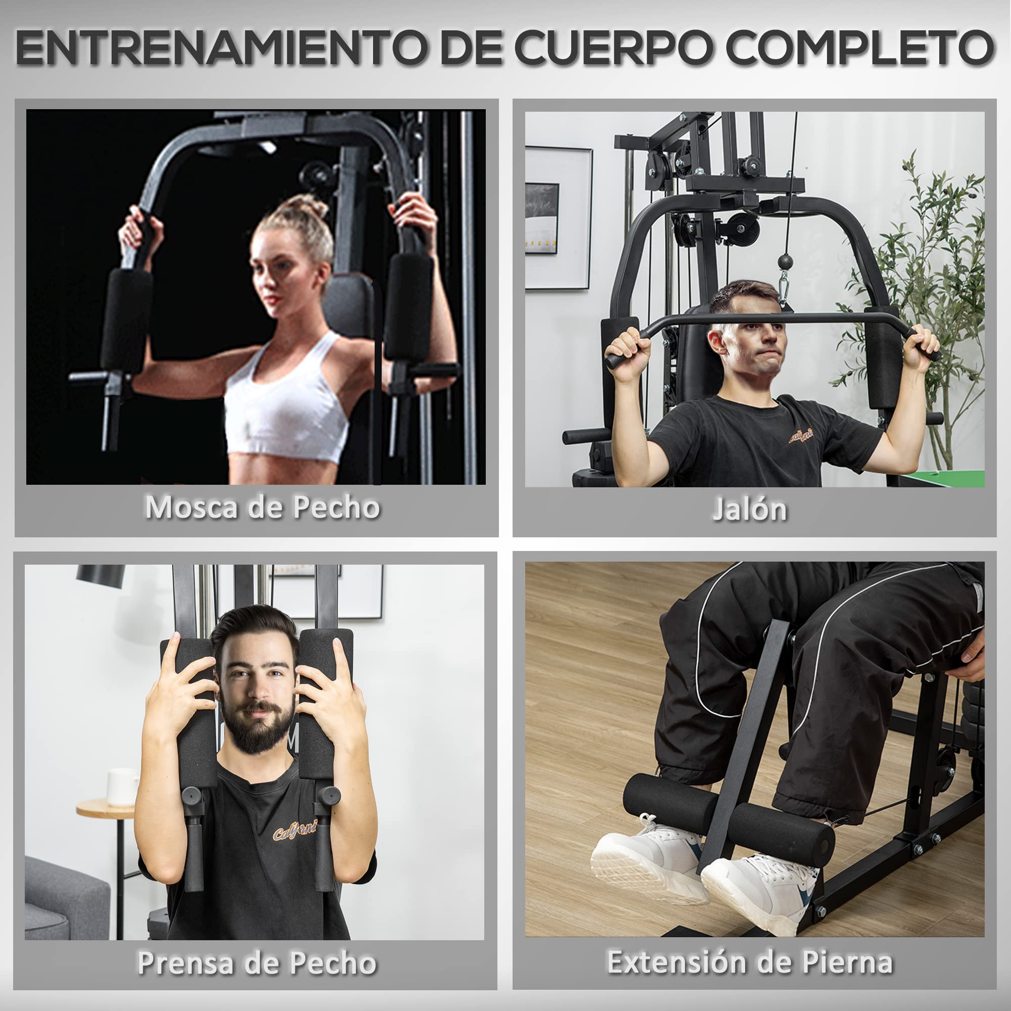 HOMCOM Multiestación Máquina de Musculación con Estribo para Piernas Poleas y Placas de Peso de 45 kg para Entrenamiento Fitness en Hogar Gimnasio 148x108x207 cm Negro