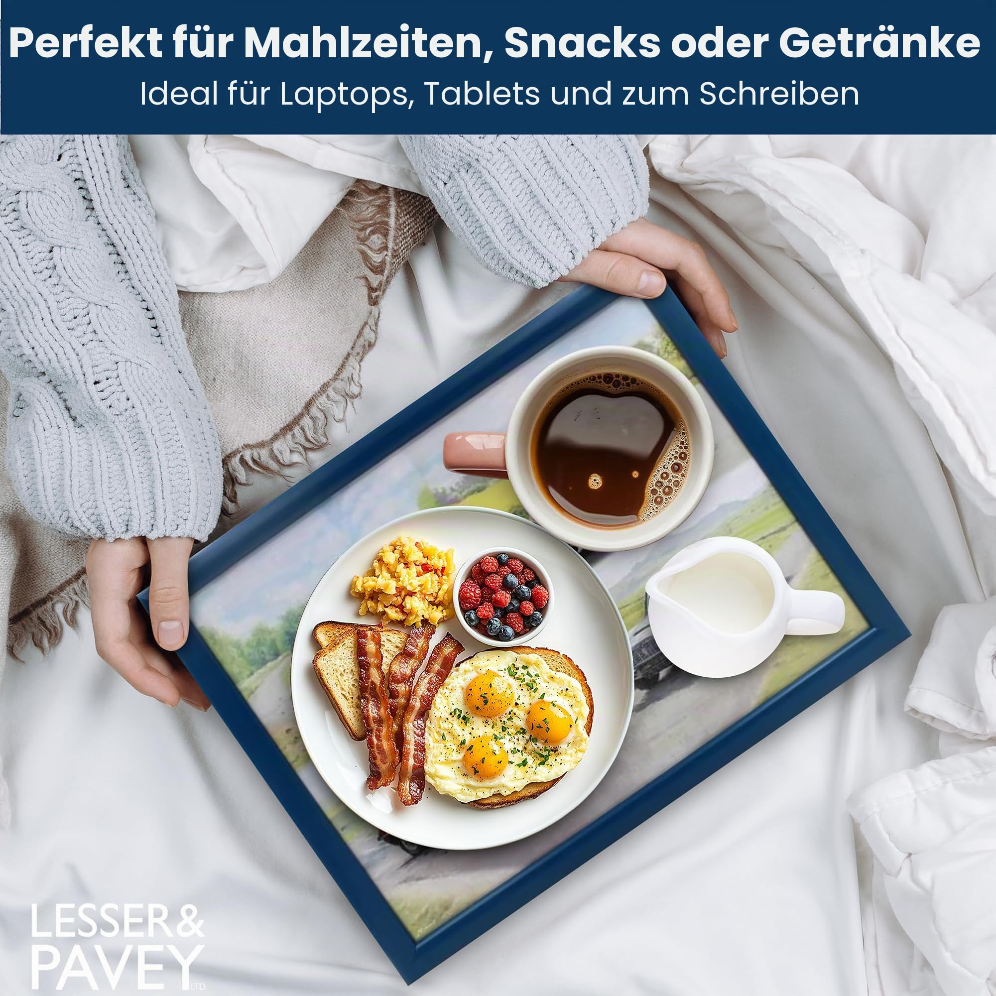 Lesser & Pavey Knietablett mit gepolstertem Kissen, geeignet für Getränke, Lebensmittel, Frühstück und Laptop, schönes Design für Zuhause und Büro