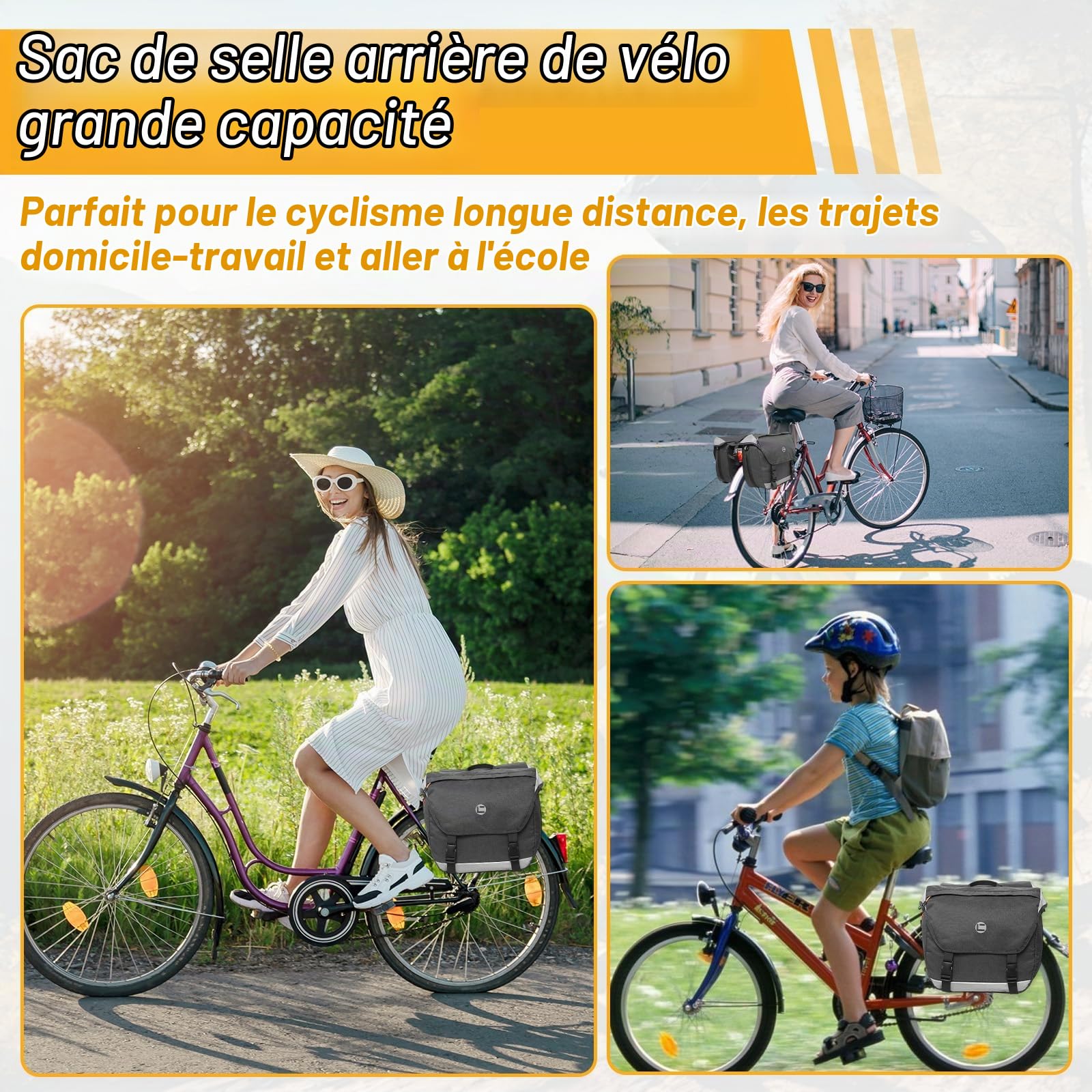 Sacoche Vélo avec Réflecteurs Housse Pluie & Poignée, Sacoches Porte Bagage Arrière Imperméable, Accessoire Voyage Sac Bagages Selle Bilatéral Etanche Multifonction pour VTT, Électrique, Navetteur