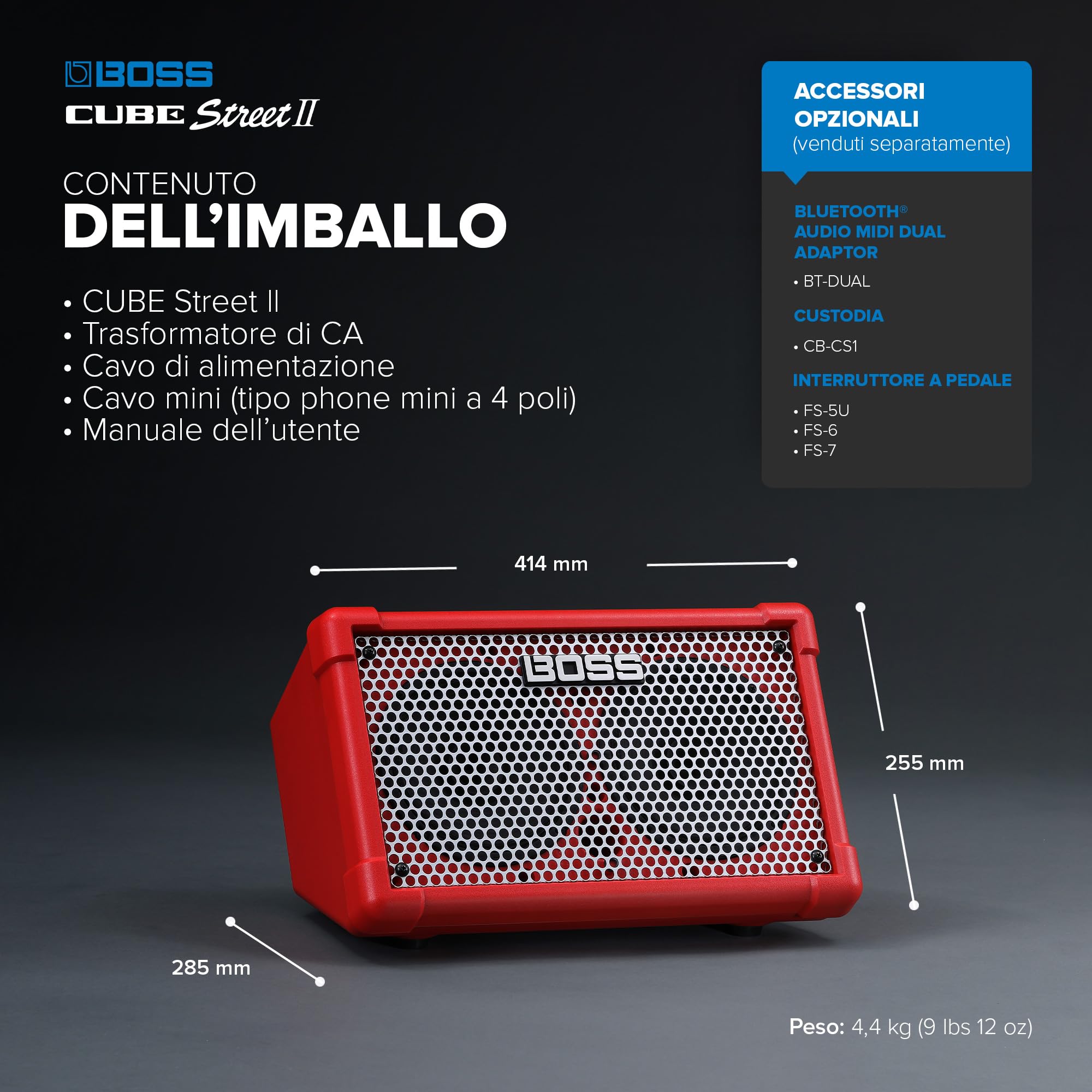 BOSS CUBE Street II | Amplificatore stereo portatile a batterie | Suono di alta qualità | Ideale per gli street performer | Supporta microfoni, strumenti e dispositivi audio | Rosso