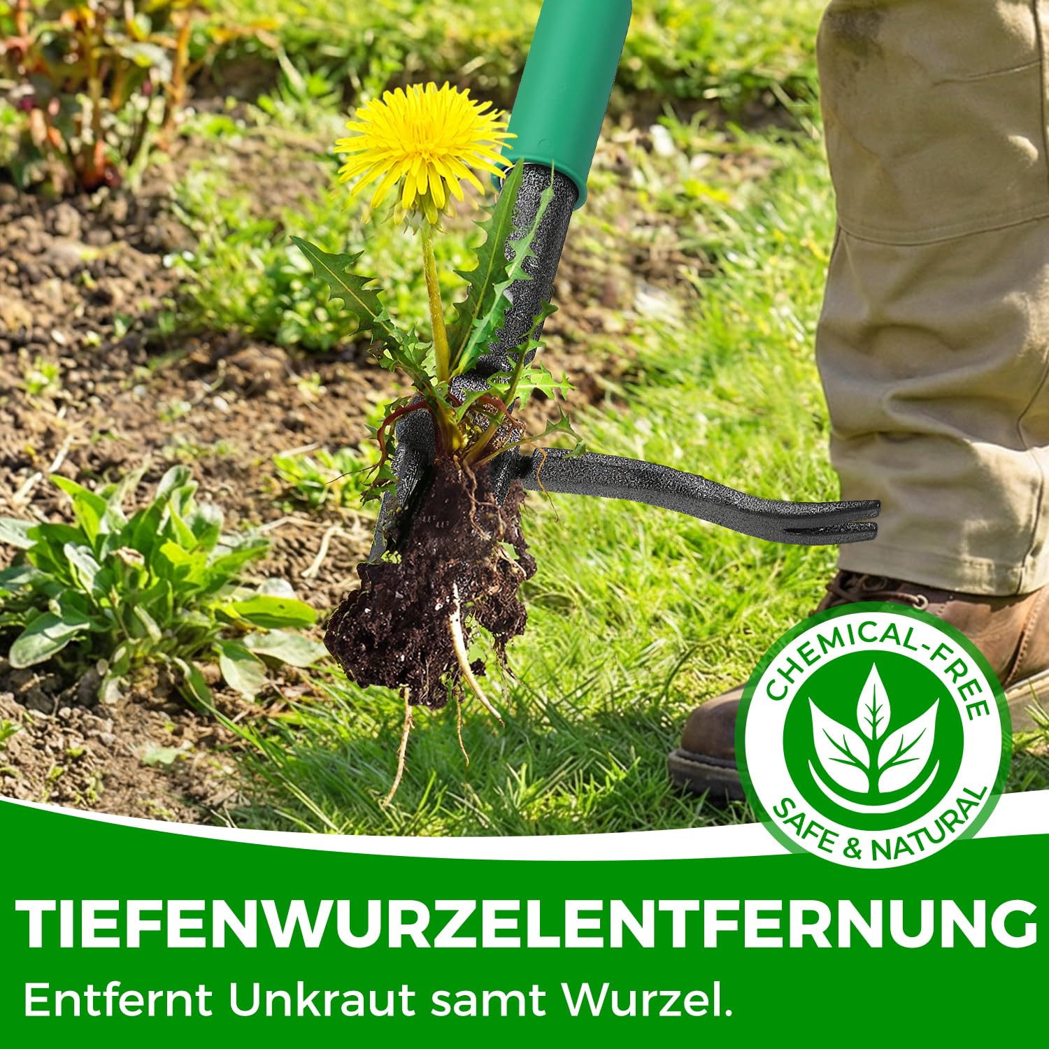 Unkrautstecher mit 2 Auswurffunktionen, 111cm Stiel Unkraut Entferner Gerät, Robuster Garten Löwenzahnstecher, Echtem Bambusgriff, 4 Metallkrallen und Antihaft-Fußpedal