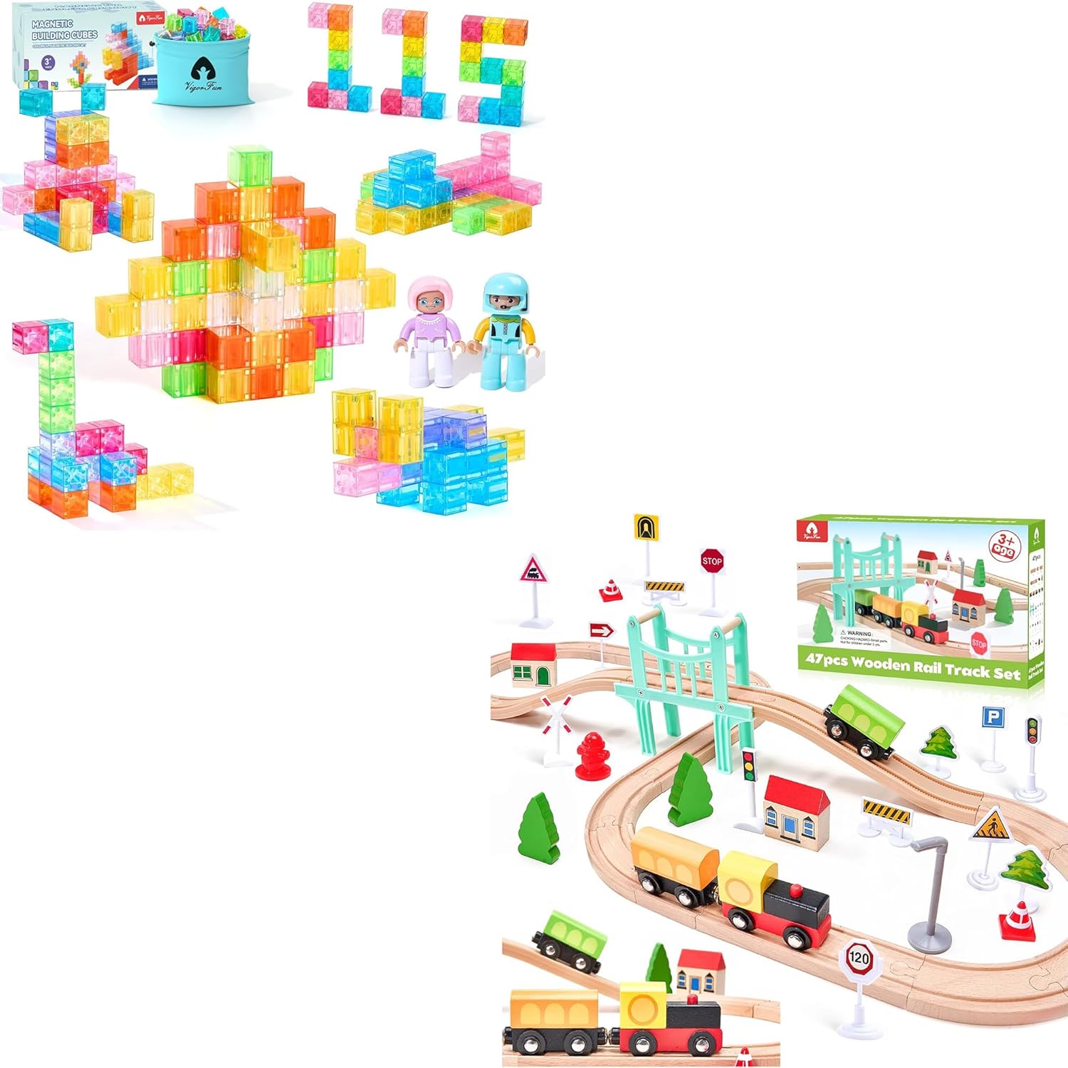 47Pcs Wooden Train Set for Toddlers & Magnetic Blocks Set (Transparent)