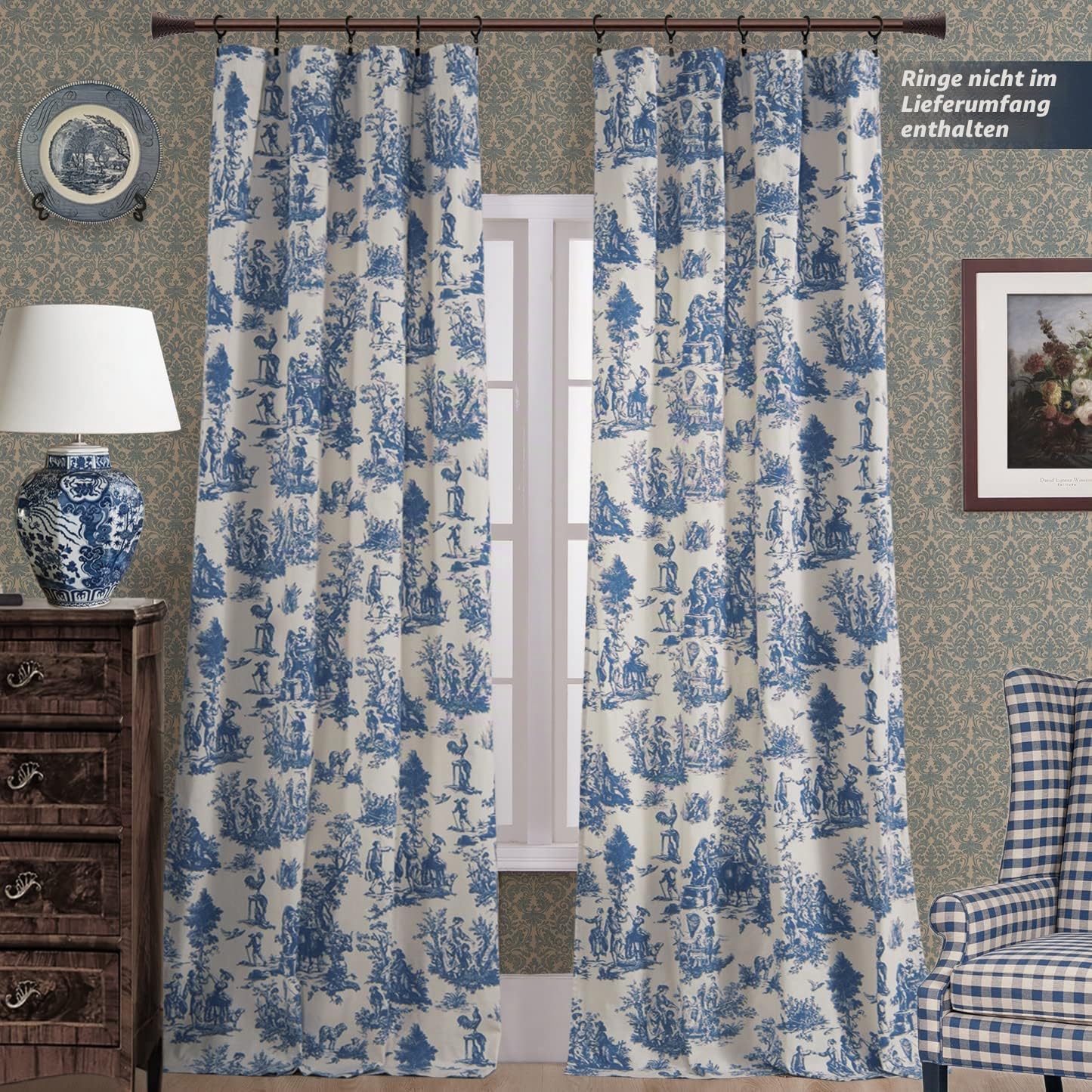 Blaue und weiße Vorhänge, 244 cm lang, für Wohnzimmer, Set mit 2 Paneelen, verdunkelnd, Fenster, Baumwolle, Toile, Blumenmuster, bis Boden, für Schlafzimmer, Grand Millennial Coastal Farmhouse Decor