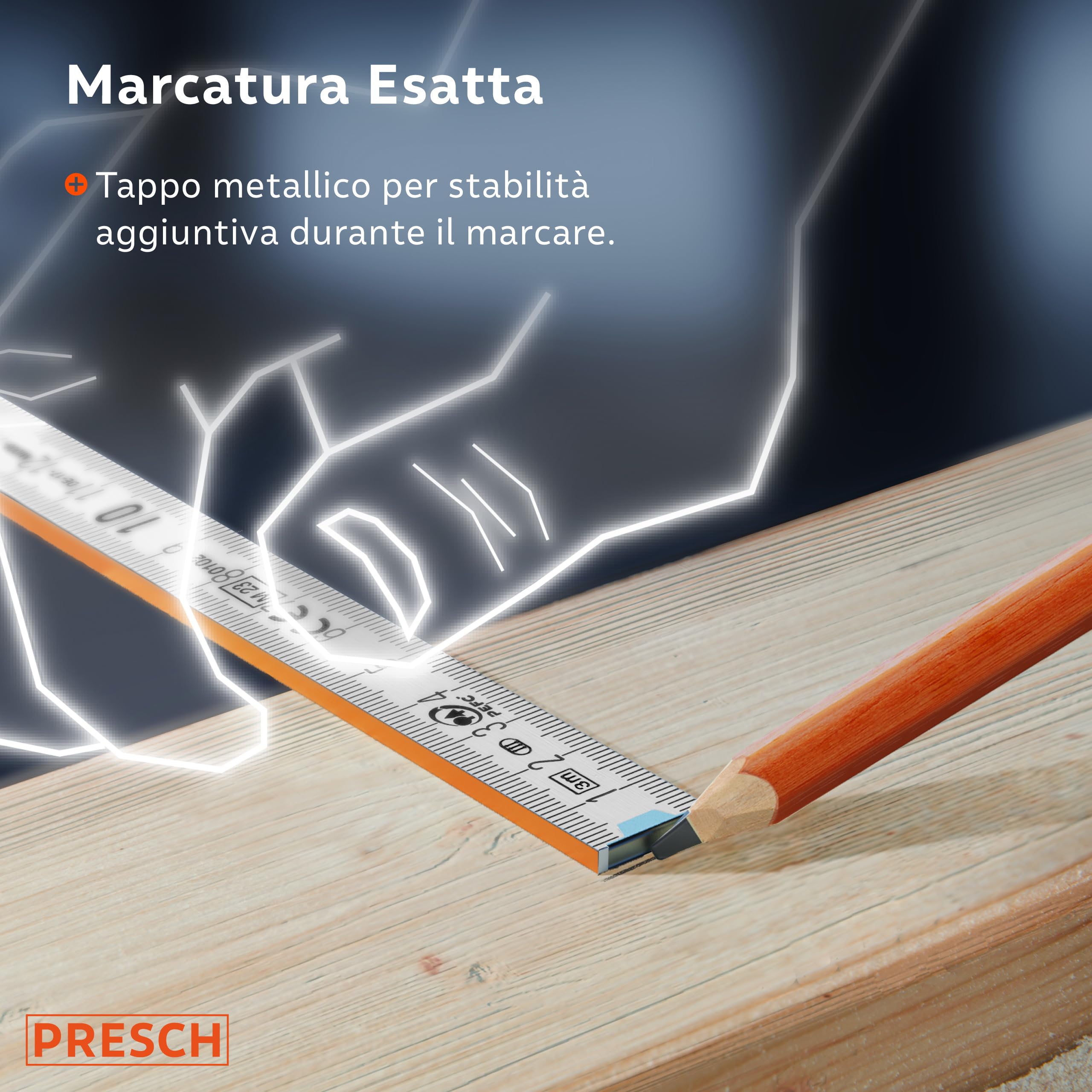 Presch Metro Pieghevole da 3 Metri con Scala degli Angoli - Legno Arancione - Numeri Grandi - Metro Righello con Motivo Strumenti