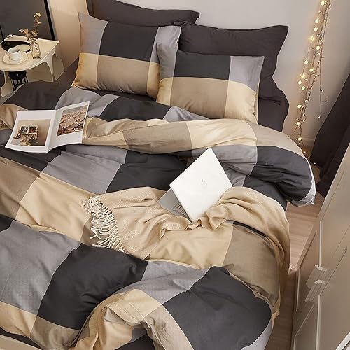 Miniatura 3 de EAVD Juego de funda de edredón a cuadros tamaño Queen, color marrón, Kahaki, suave, 100% algodón, a cuadros, geométrico, con 2 fundas de almohada,