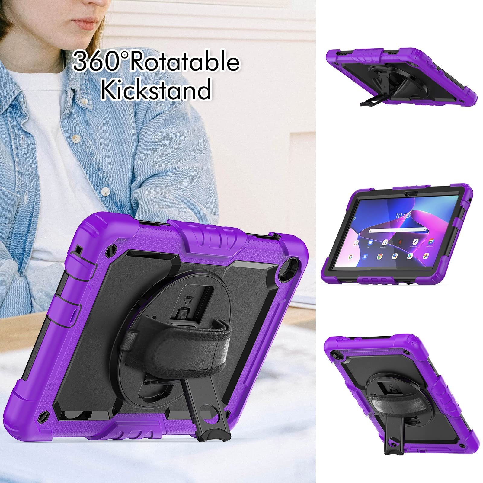 Pokrywa tabletu Kompatybilny z Lenovo Tab M10 3rd Gen 10.1inch TB328FU /TB328XU (2022) Heavy Duty, odporny na wstrząsy futerał TPU, osłona ochronna W Screen Protector Obrotowa podpórka 360 + pasek na