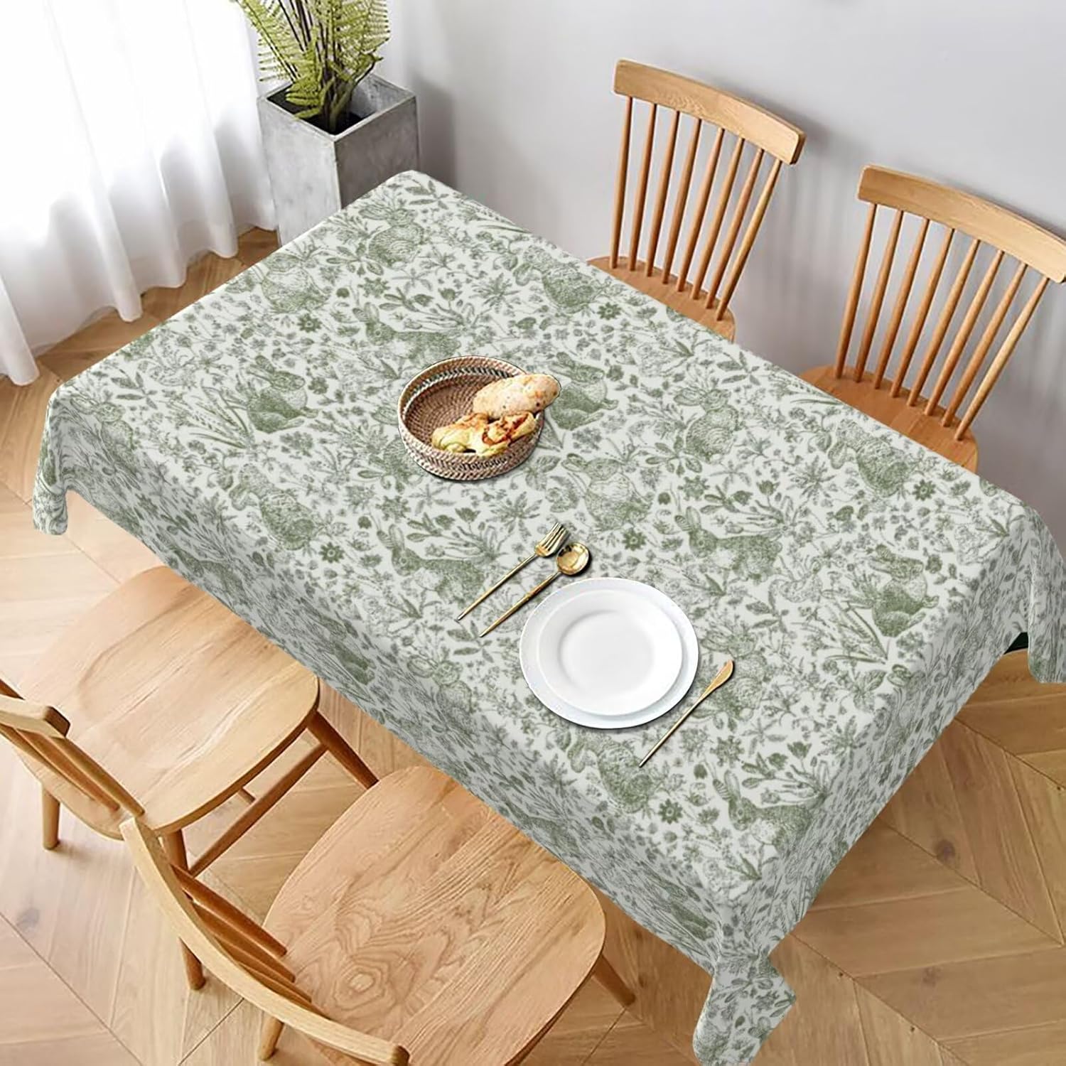 BETGINY Easter Tablecloth 60 x 104 Inch Rectangle Spring Green Rabbit Bunny Floral Table Cloth Table Cover Polyester Washable Wrinkle Resistant for Kitchen Dining Holiday Party Dining