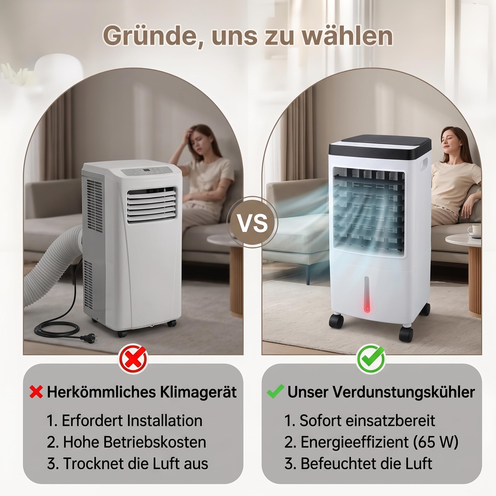 Luftkühler Ohne Abluftschlauch 10L 65WMobiles Klimagerät mit Wasserkühlung | 3 Stufen Fernbedienung Timer, Luftkühler für Zuhause Büro Schlafzimmer, Klimagerät Mobil mit Eispack