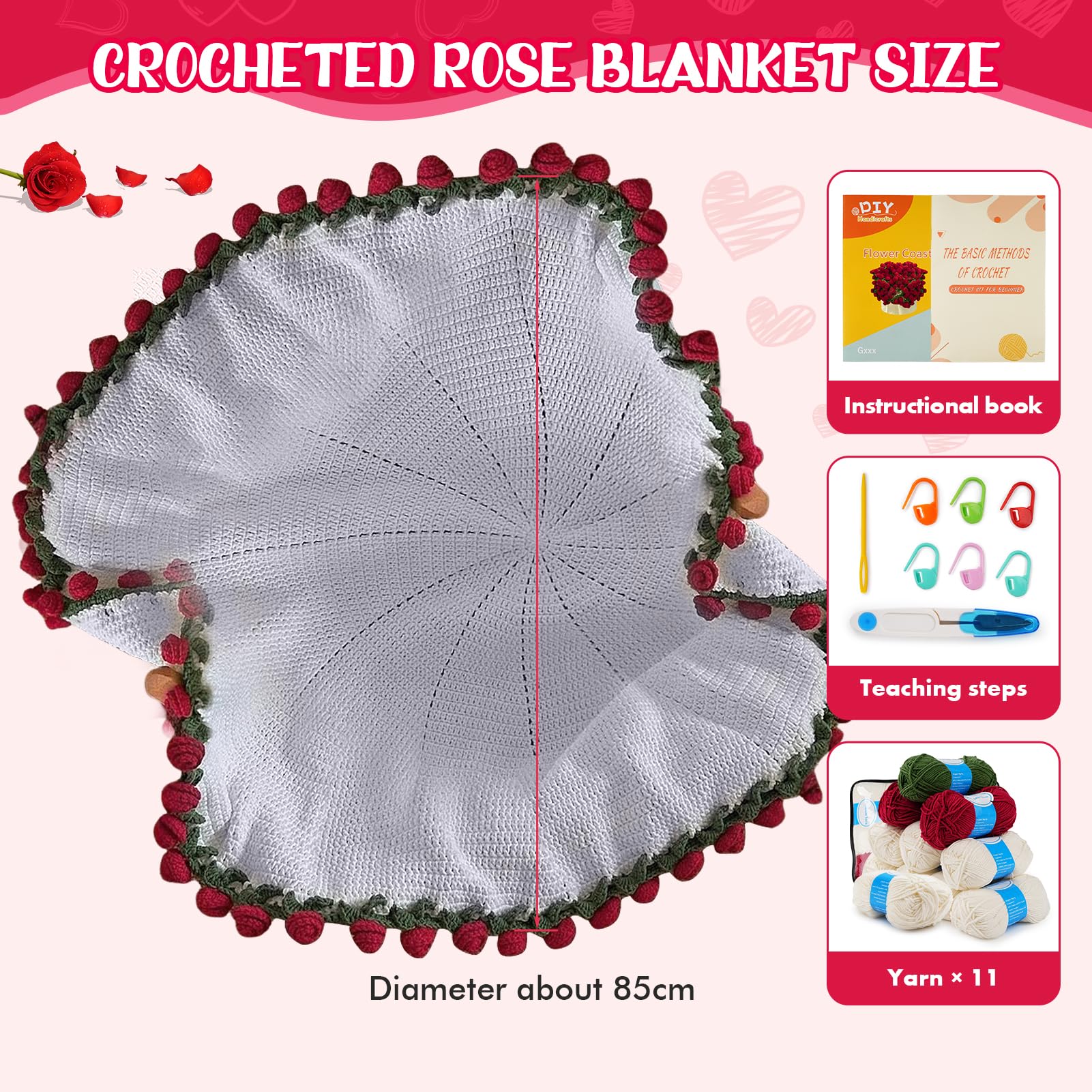LetCartMaker Szydełkowany koc z bukietem kwiatów, 85 cm, ręcznie robiony koc różany z instrukcją dla początkujących, ukochanych, na Dzień Matki, urodziny, prezent walentynkowy