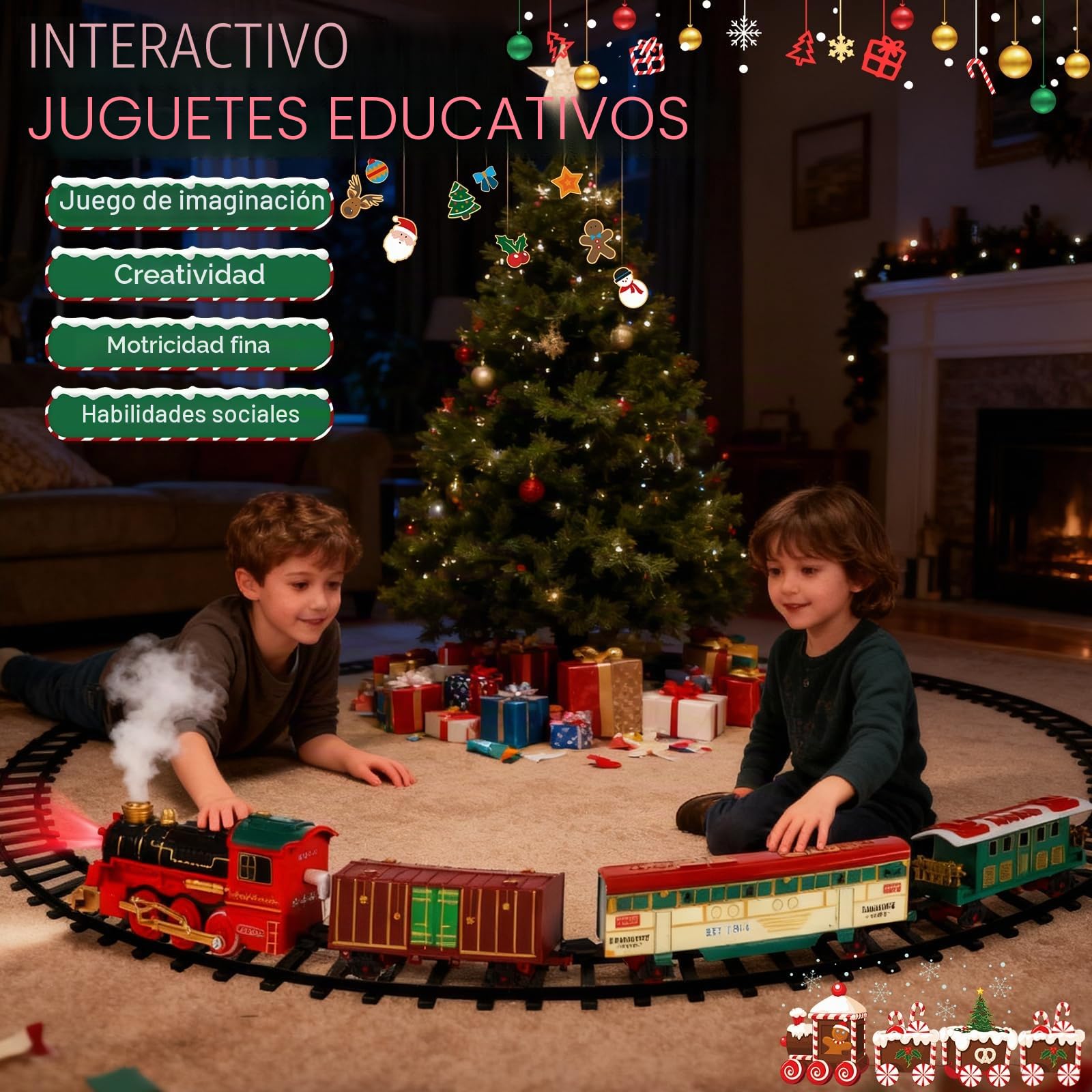 Tren Juguete para Niños, Tren de Navidad Eléctrico de Vapor con Spray, Luces y Sonido, Decorar Árbol de Navidad, Regalos para Niños y Niñas Mayores de 3 4 5 6 7 8 Años