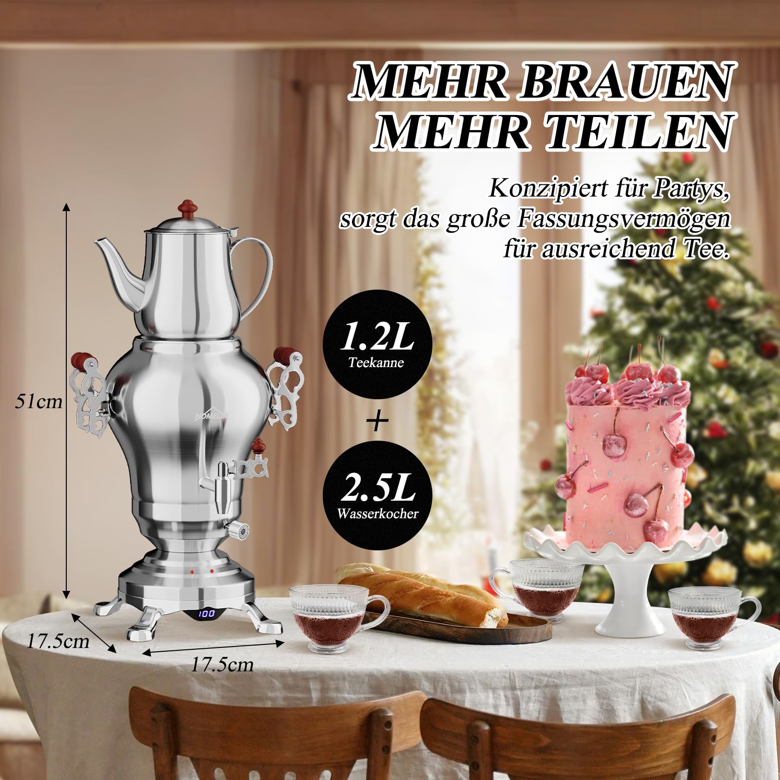 HOMELUX Samoware Edelstahl Elektrischer, 1850W Türkische Teekannen, 2.5L +1.2L Teemaschine Teekocher Wasserkocher mit Warmhaltefunktion, Intelligente Temperaturregelung, Trockengehschutz