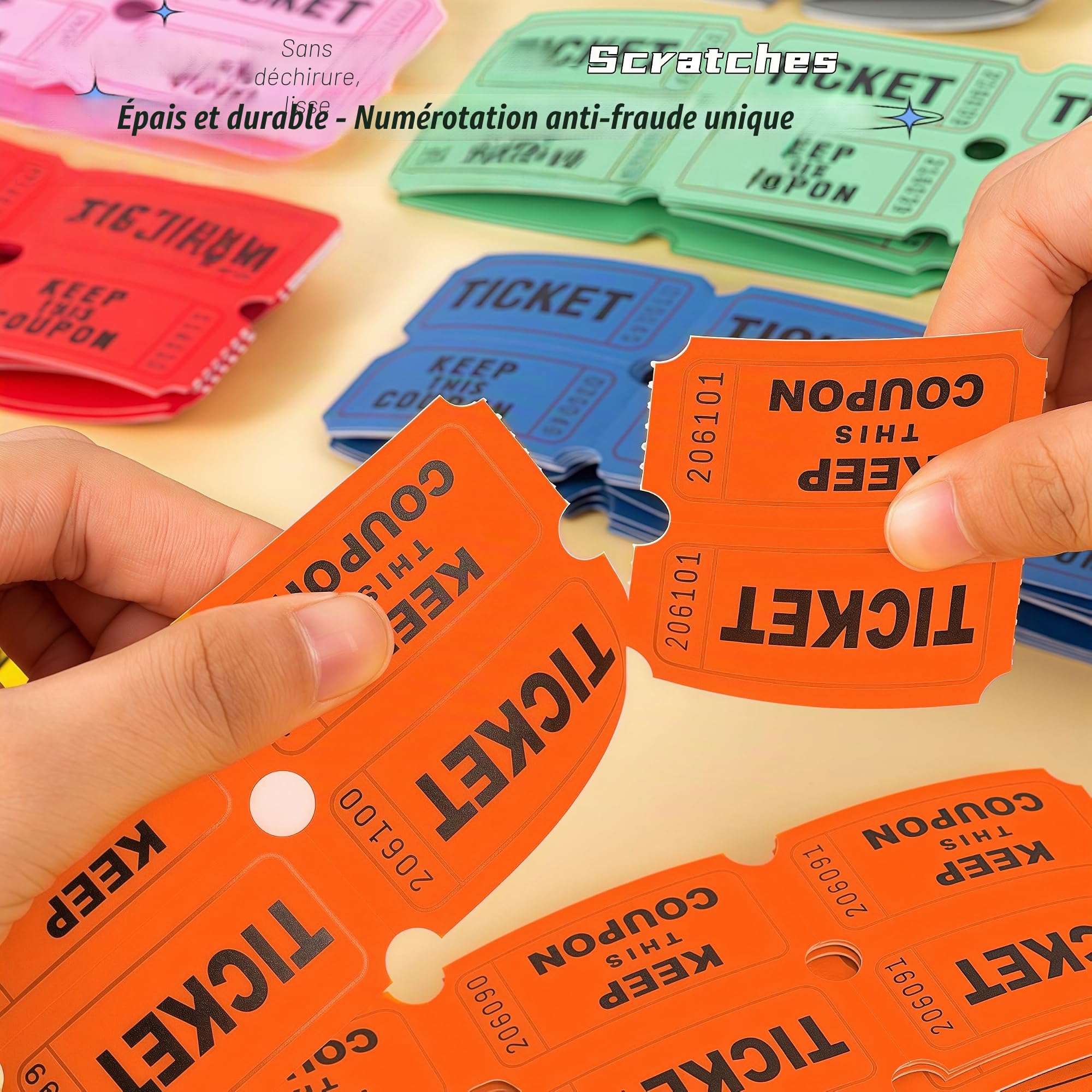 Lot de 4 rouleaux de tickets tombola doubles - 4000 billets numérotés (rouge, orange, vert, bleu) - Verso inscriptible - Billets d'entrée détachables pour événements, fêtes, collectes de