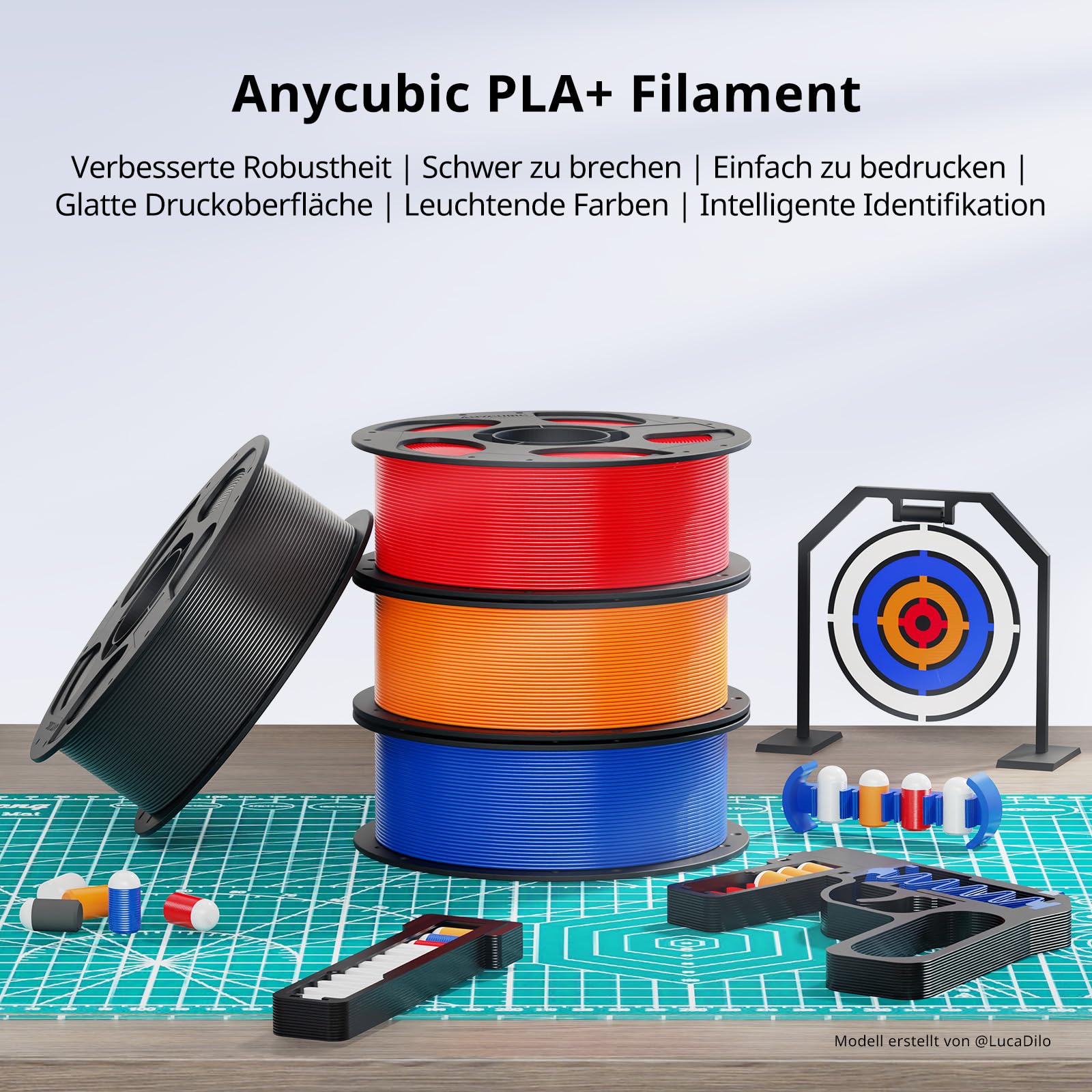 ANYCUBIC PLA+ Filament 1.75mm, PLA Plus, Maßgenauigkeit +/-0,02mm, Hohe Zähigkeit und Präzision -3D-Druckmaterialien, Intelligente Identifikation,1KG Schwarz