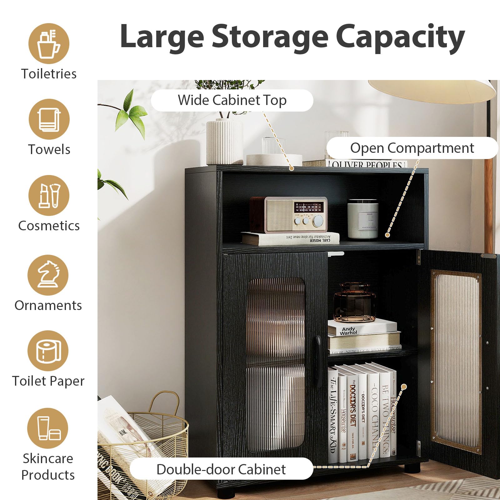 LIFEZEAL Armario de Baño Independiente con Estante Ajustable, Armario de Cocina con Compartimento Abierto, Mueble Ahorrador de Espacio para Salón Cocina y Baño, 60 x 30 x 83 cm (Negro)