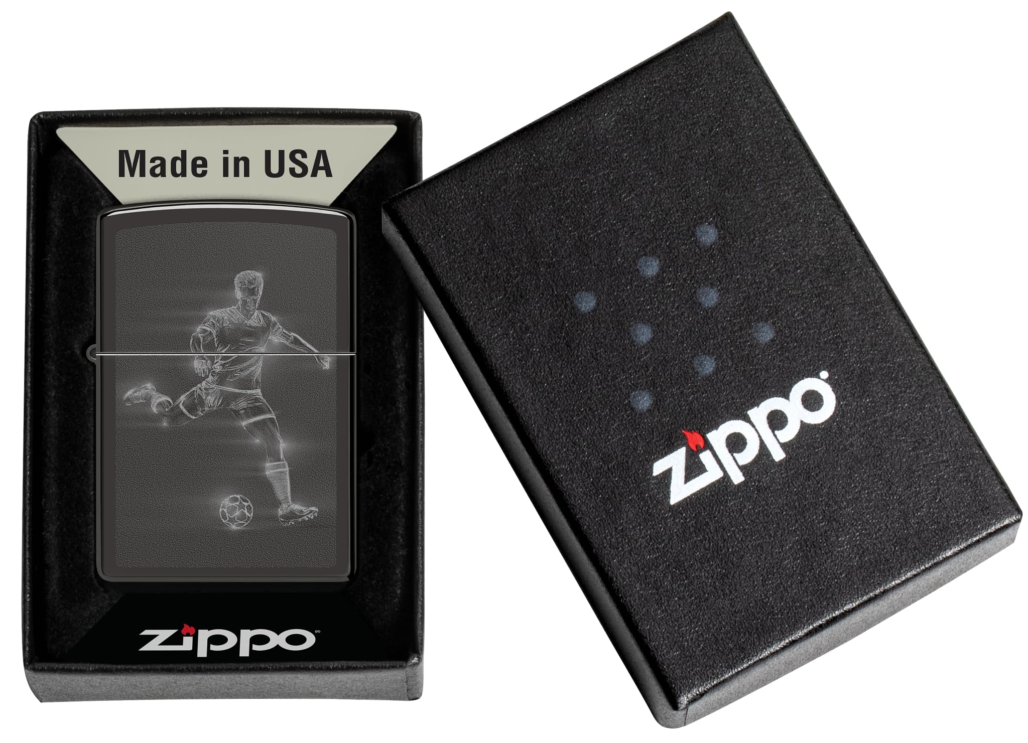 Zippo Encendedor a Prueba de Viento Recargable Reutilizable - Negro Alto Brillo - Diseño de Futbolista - Caja Regalo - Hecho en EE.UU.