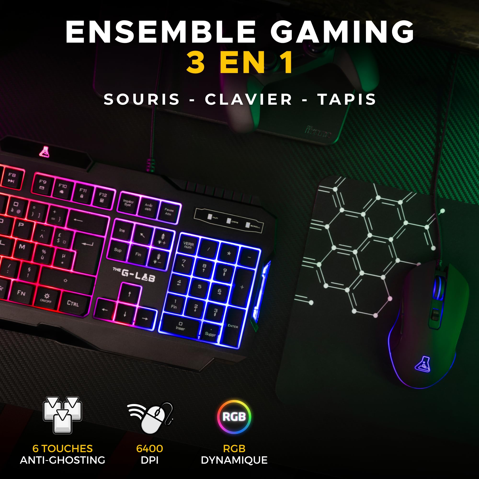 The G-Lab - Combo Hélium - Ensemble Gaming 3 en 1 - Clavier Gamer Azerty Rétroéclairé, Souris Gamer 6400 Dpi, Tapis De Souris Antidérapant - 6 Touches Anti-ghosting - Pack PC/PS4/PS5/XBOX