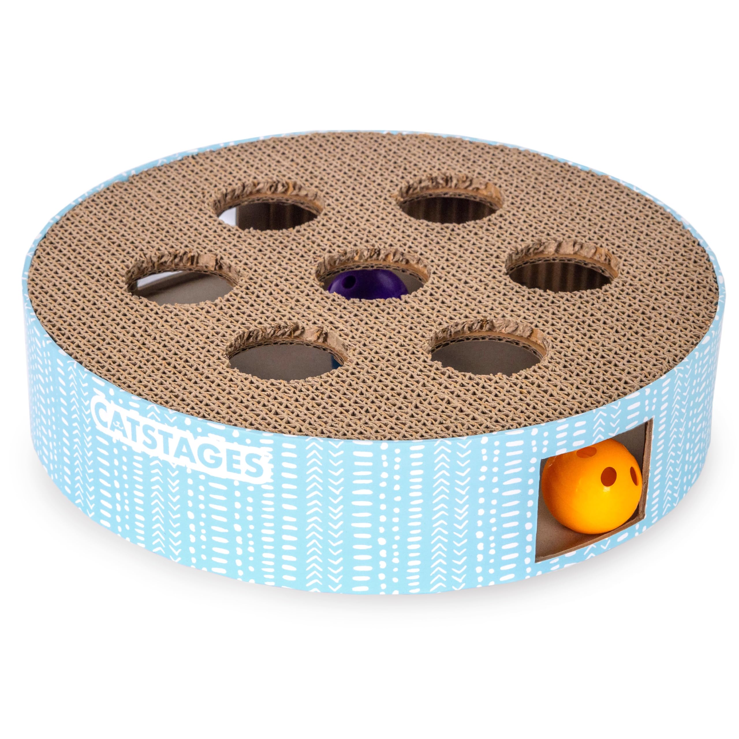 Catstages Scratch N' Hunt Puzzle Cat Toy, Cat Puzzle with Corrugated Scratcher Surface and Three Balls Inside, Blue