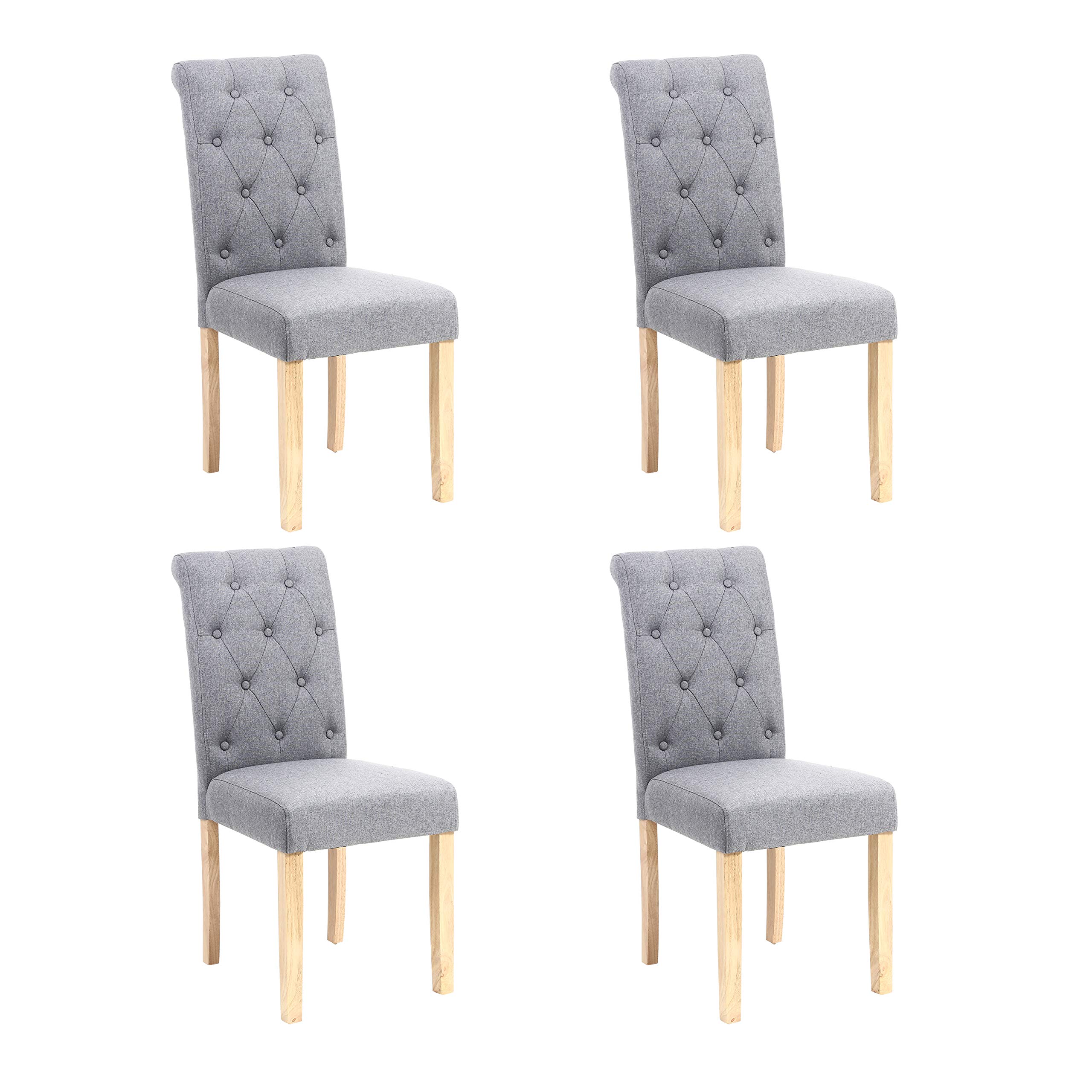 Neo® 4X Fabric Button High Back Roll Top Seat Dining Room Chairs Set Wooden Oak Legs (Grey)