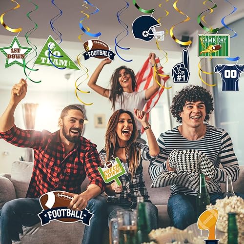 Miniatura 6 de Blulu 30 piezas de decoración de remolinos colgantes de fútbol para fiestas temáticas de fútbol, remolinos colgantes estadounidenses para el día del