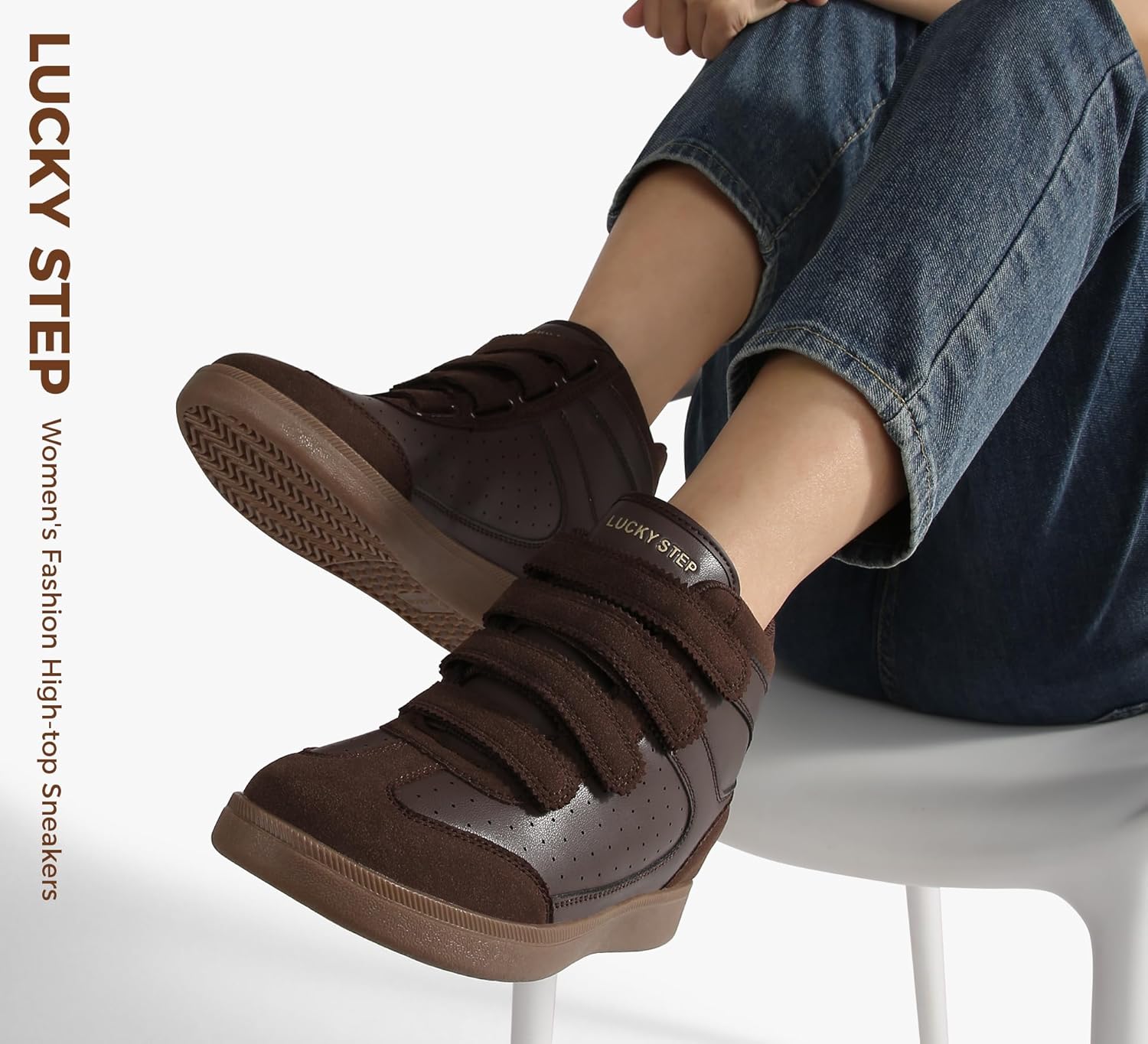 LUCKY STEP Women's High Top Fashion Sneakers Casual Hidden Height Insole Shoes Gum Rubber Sole Ankle Boots Hook-and-Loop Walking Shoes - Image 8