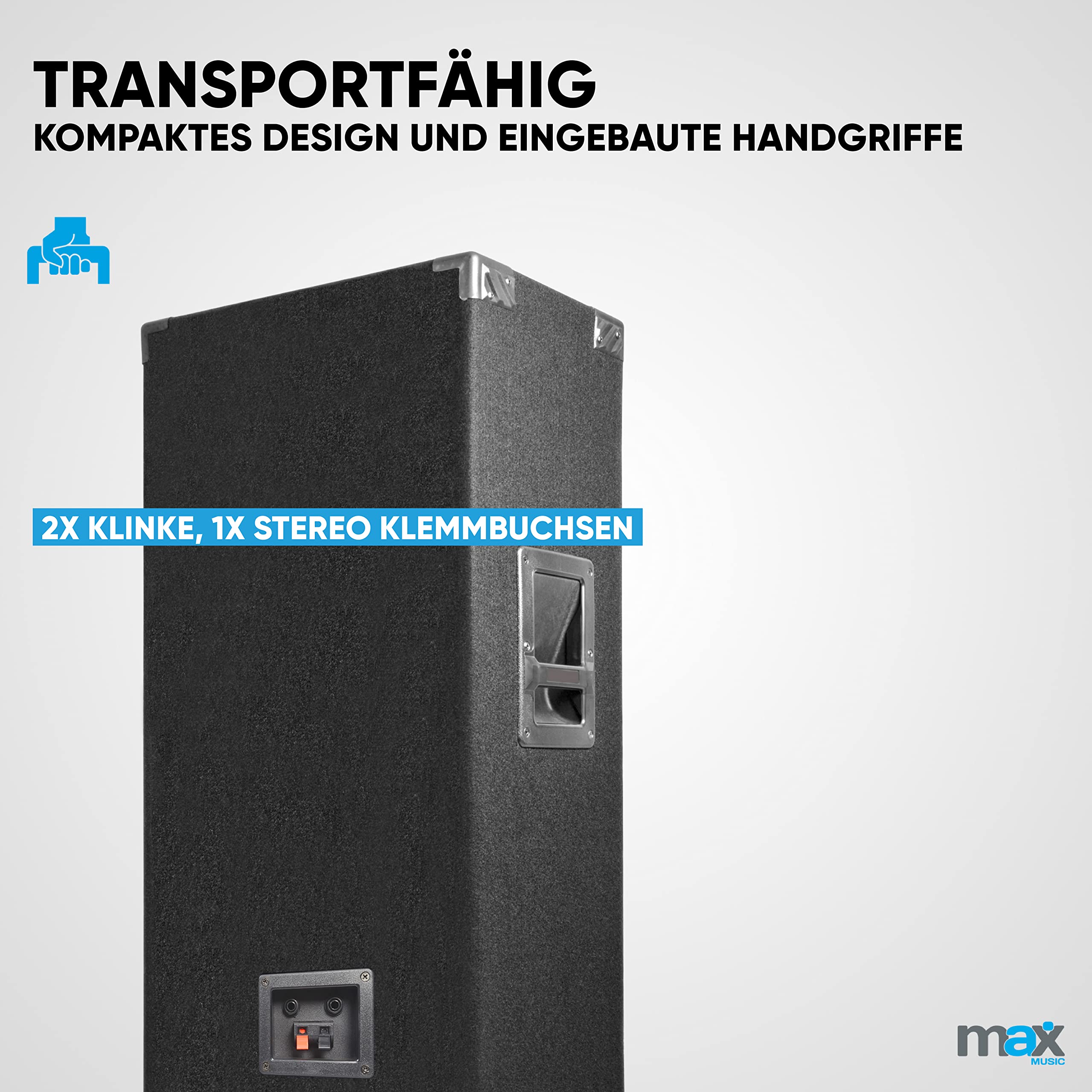 MAX MAX215 PA Lautsprecher passiv, Partylautsprecher Set, 4000 Watt Partyboxen Set mit Griffe, 2 x 15 Zoll Doppel-Tieftöner, Passiv, DJ Party Lautsprecher, Lautsprecherbox, Schwarz