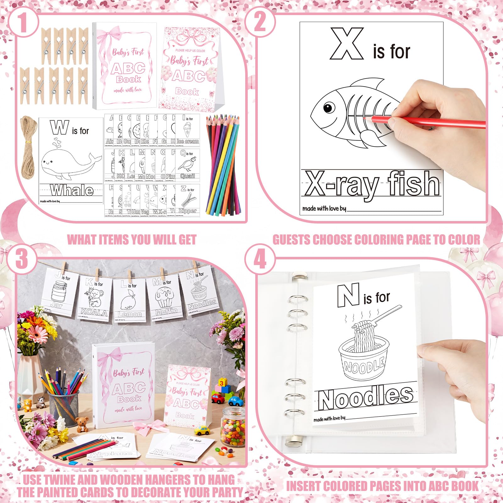 Pink Bow First Abc Book Baby Shower Attività Keepsake per adulti Baby Shower Abc Coloring Guest Book Alternativa 26 Alfabeto dalla A alla Z Carta da colorare con 24 matite 60 Mollette