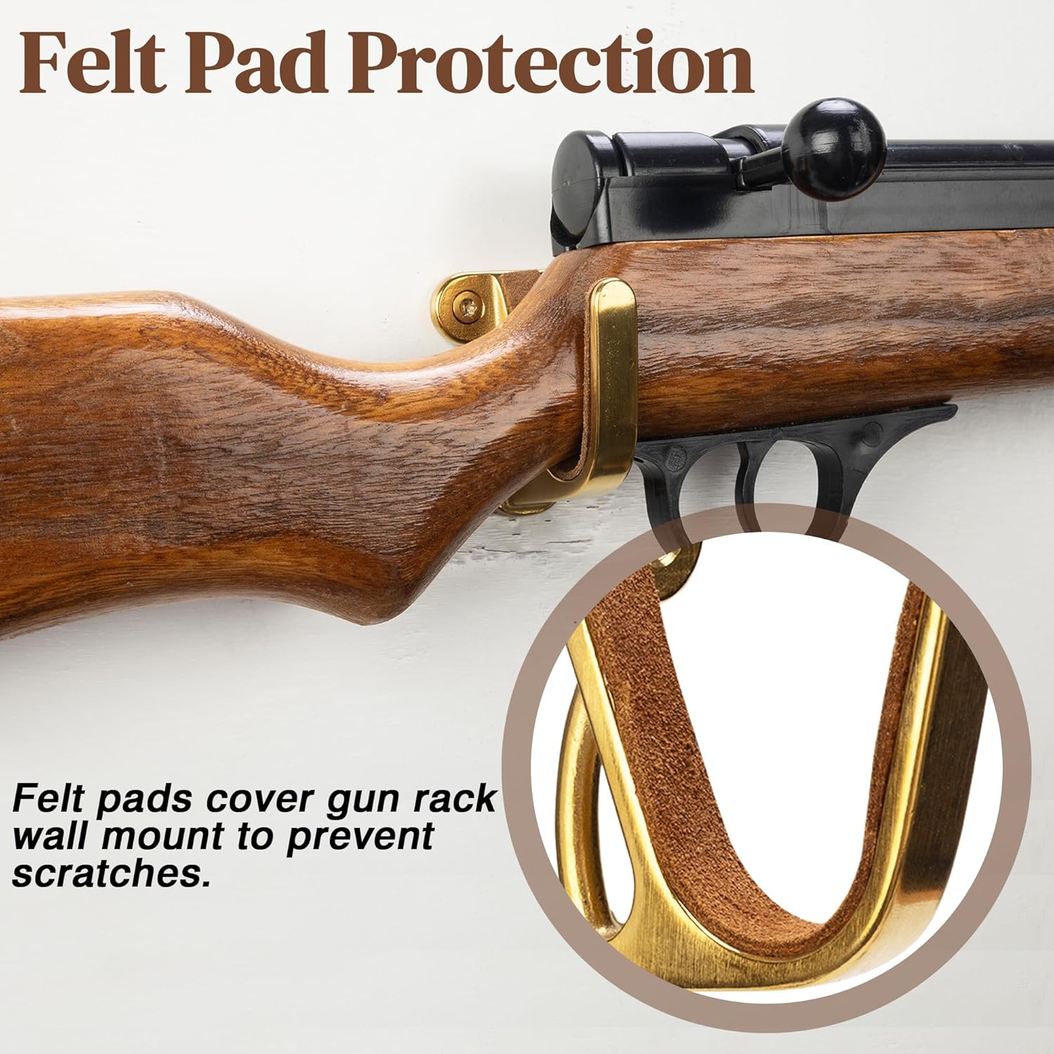 Gun Rack Wall Mount Horizontal Gun Display Wall Mount, Heavy Duty Gun Hooks for Rifle/Shotgun/Pistol Storage, Gun Hanger with Felt Padding, Gold, 2 Pair