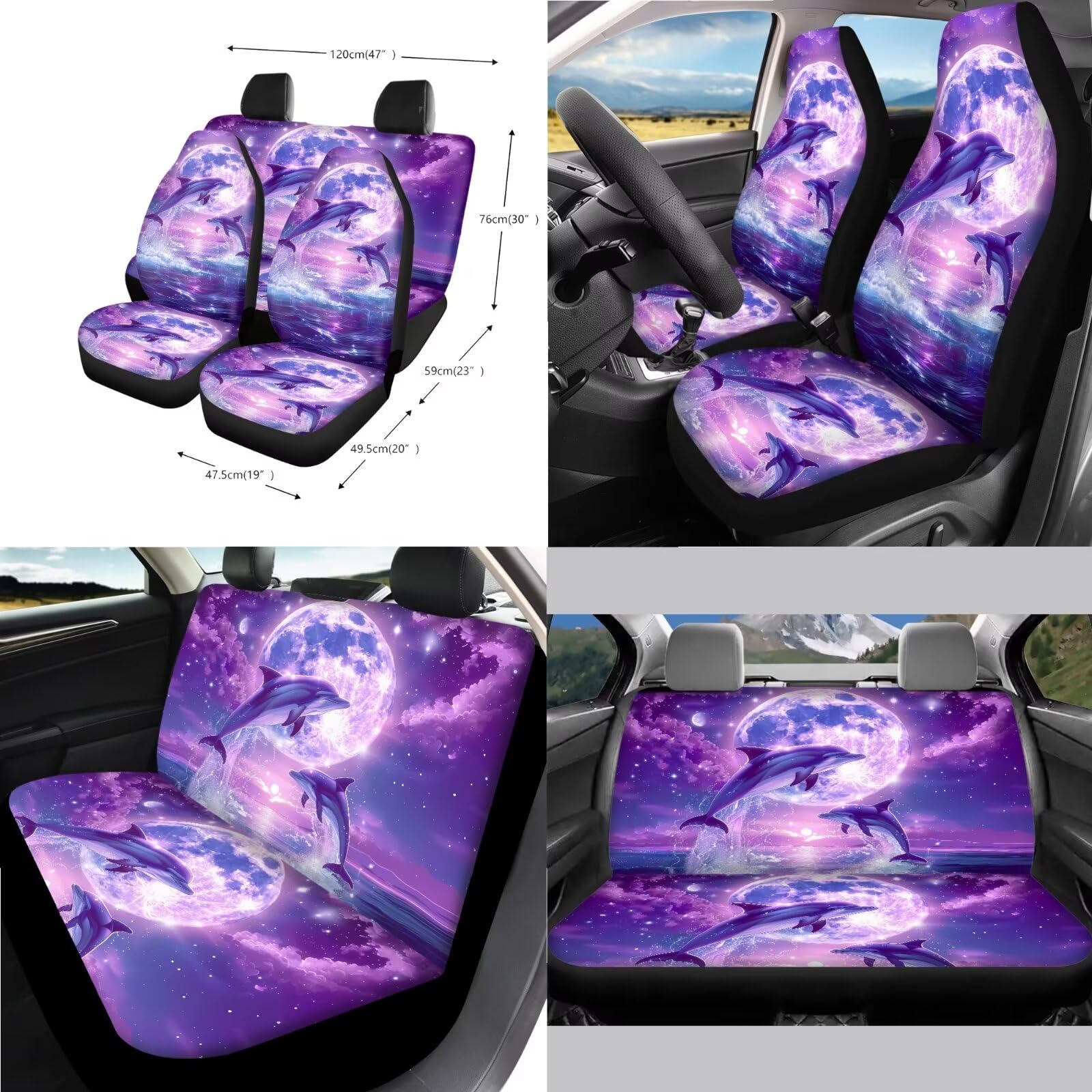 Set di coprisedili per auto con stampa delfino e luna, include coprisedili anteriori e posteriori, coprivolante, bracciolo, cuscinetti per cinture di sicurezza, specchietto retrovisore e