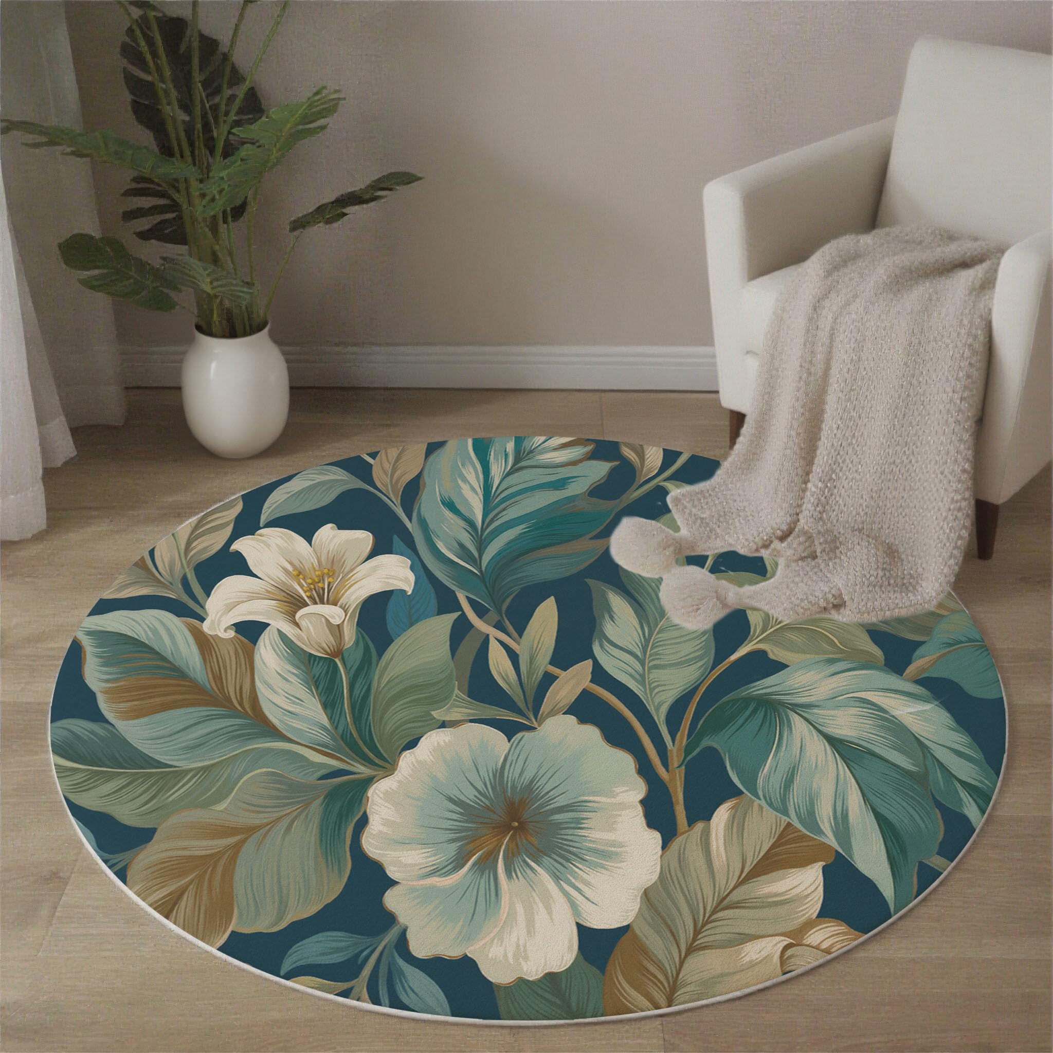 Tapis rond tropical lavable en machine et antidérapant 120cm