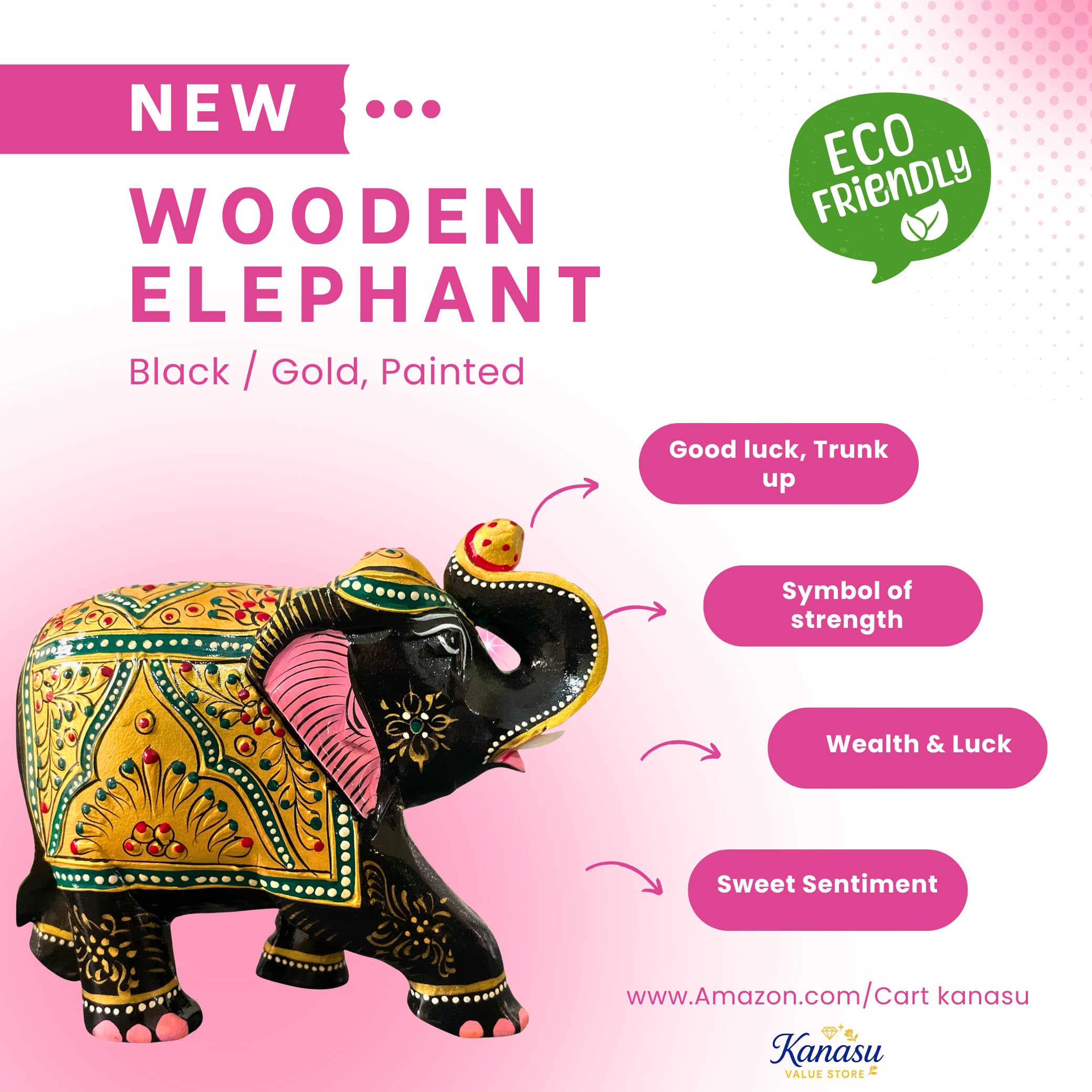 Elefante ornamentale realizzato a mano in legno, di lusso, tradizionale, portafortuna, statuetta decorativa per la casa, per soggiorno, ufficio e regali (oro e verde) (grande, 12,7