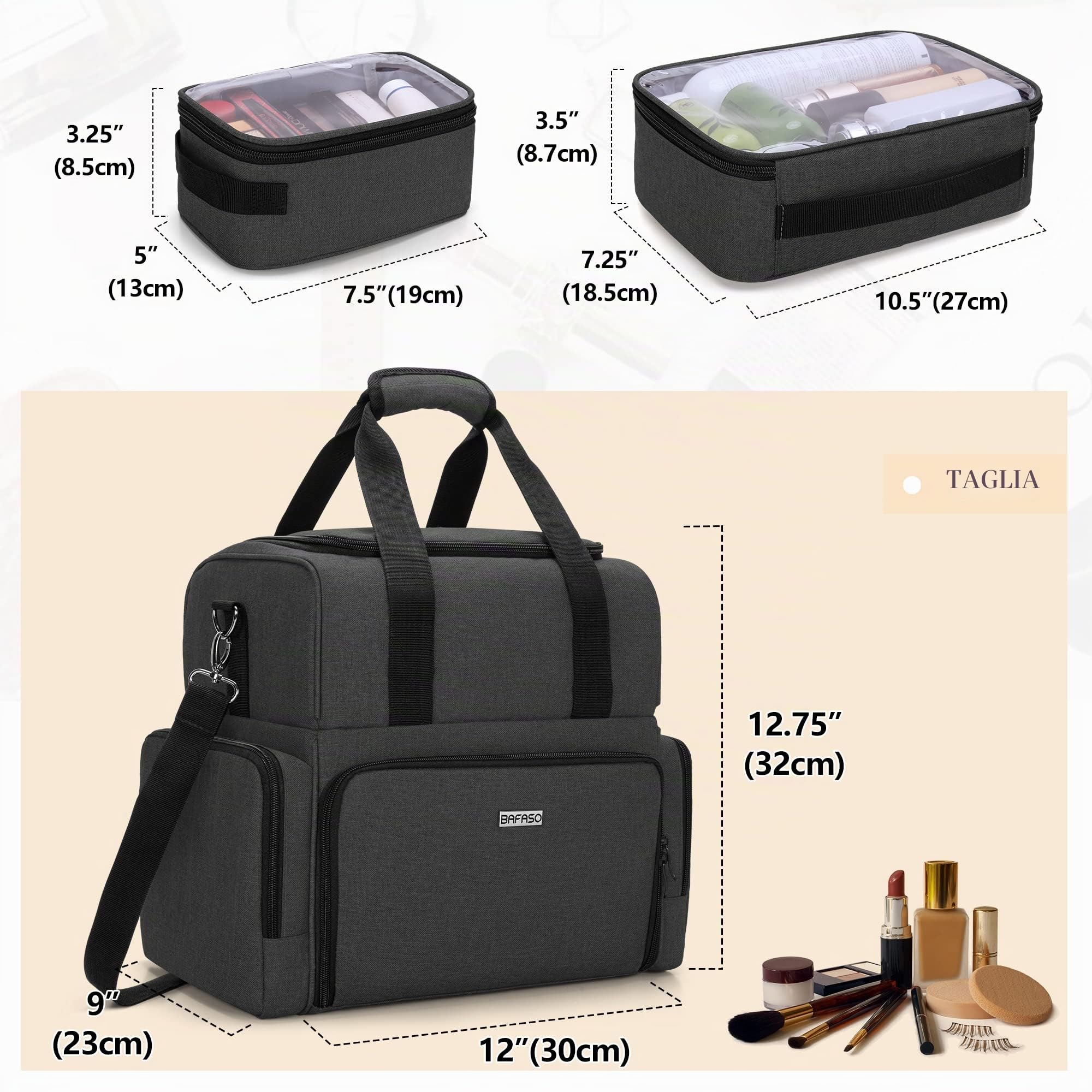 BAFASO Borsa per il Trucco da Viaggio, Borsa per Cosmetici, Nero | con 3 Tasche Interne Rimovibili Divisori Rimovibili (Solo Borsa)
