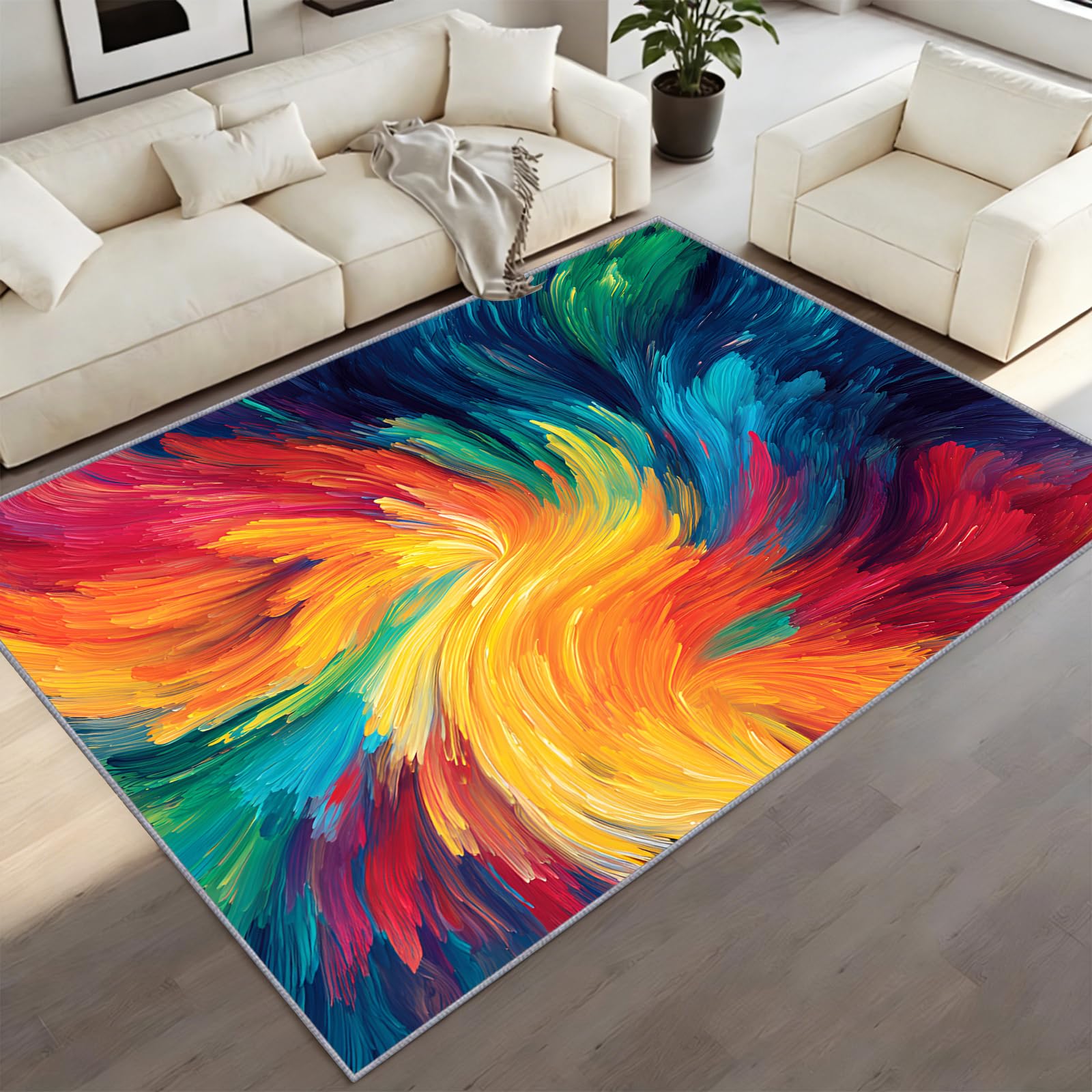 Creative Decor Area Rug, Bold Fluid Paint Splatter Carpet, Rainbow Palette (Orange, Teal, Magenta) Rugs, Pet Friendly & Non-Shedding, for Dining Room, Home Office and Kids Playroom 150 x 240 cm