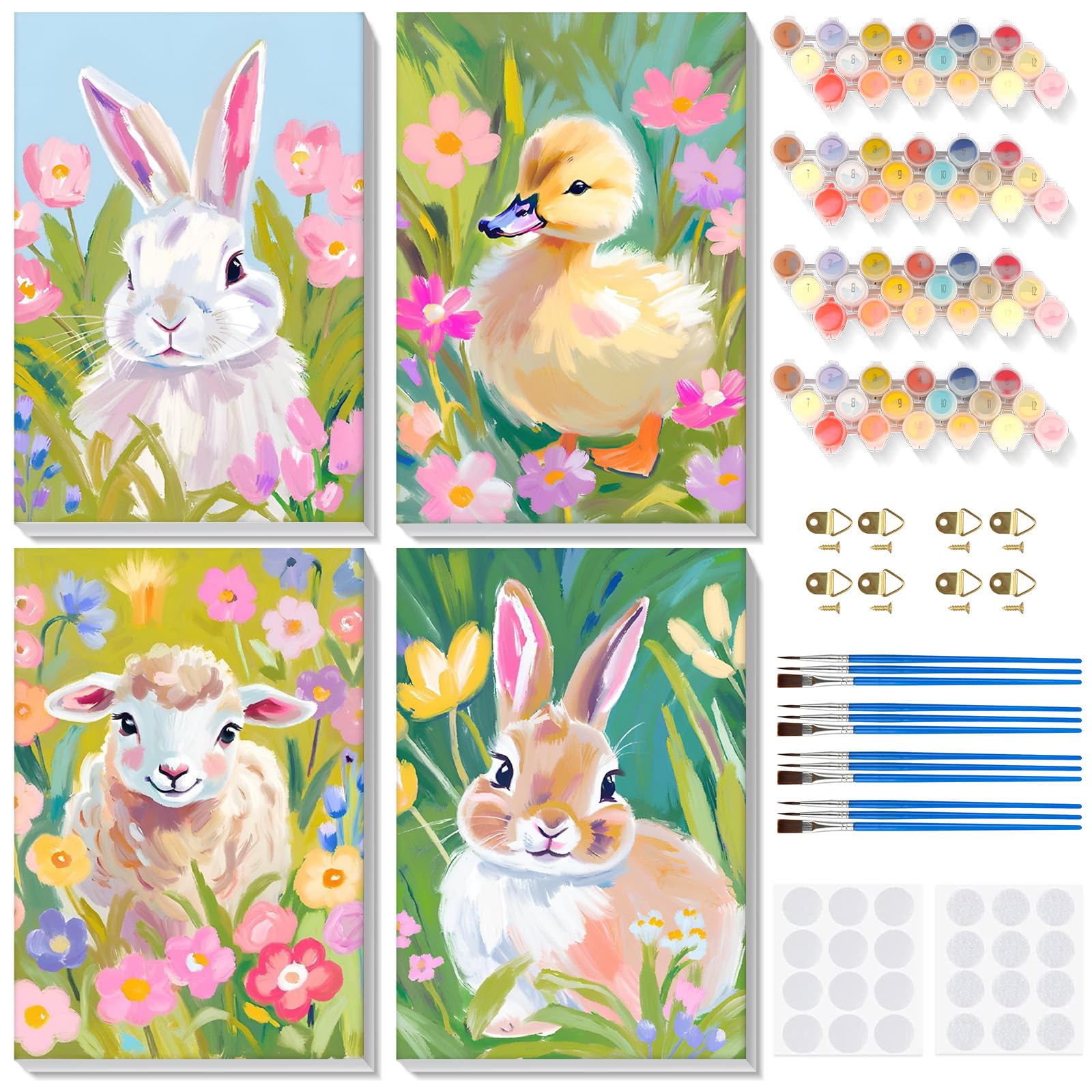 Lxmsja 4 Pack Paint by Numbers Easter for Adults Beginner with Frame, Painting by Numbers Rabbit Lamb Duck on Canvas, DIY Acrylic Painting Kit Gifts for Home Wall Decor, 8x12inch