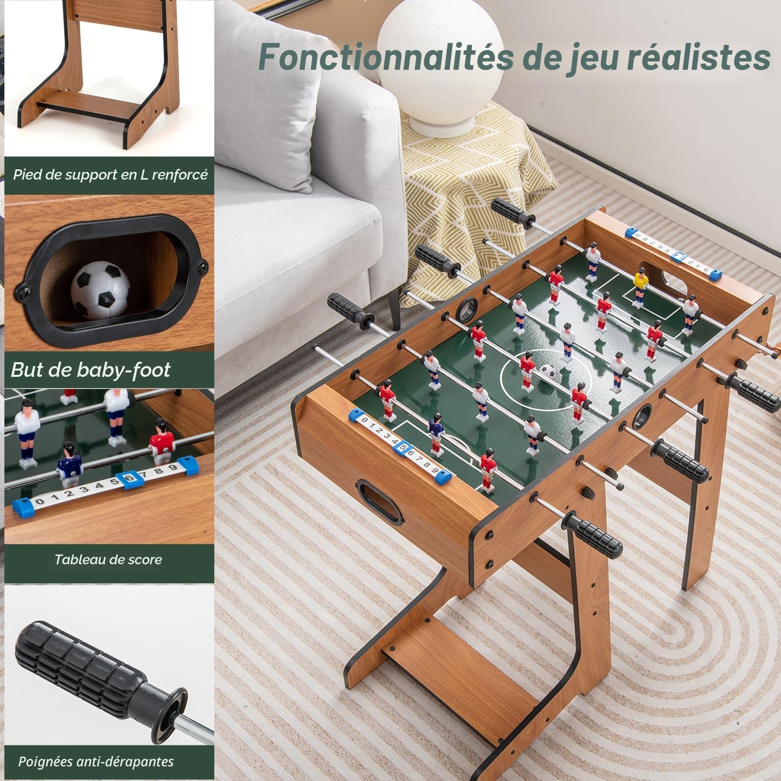 HOMASIS Baby-Foot Pliant en Bois pour Enfant, Table de Jeux Enfant avec 6 Tiges, 18 Joueurs, 2 Caolcio et Marque-Points, Table de Jeux Multifonction pour Enfants et Adultes, 69 x 60 x 71 cm