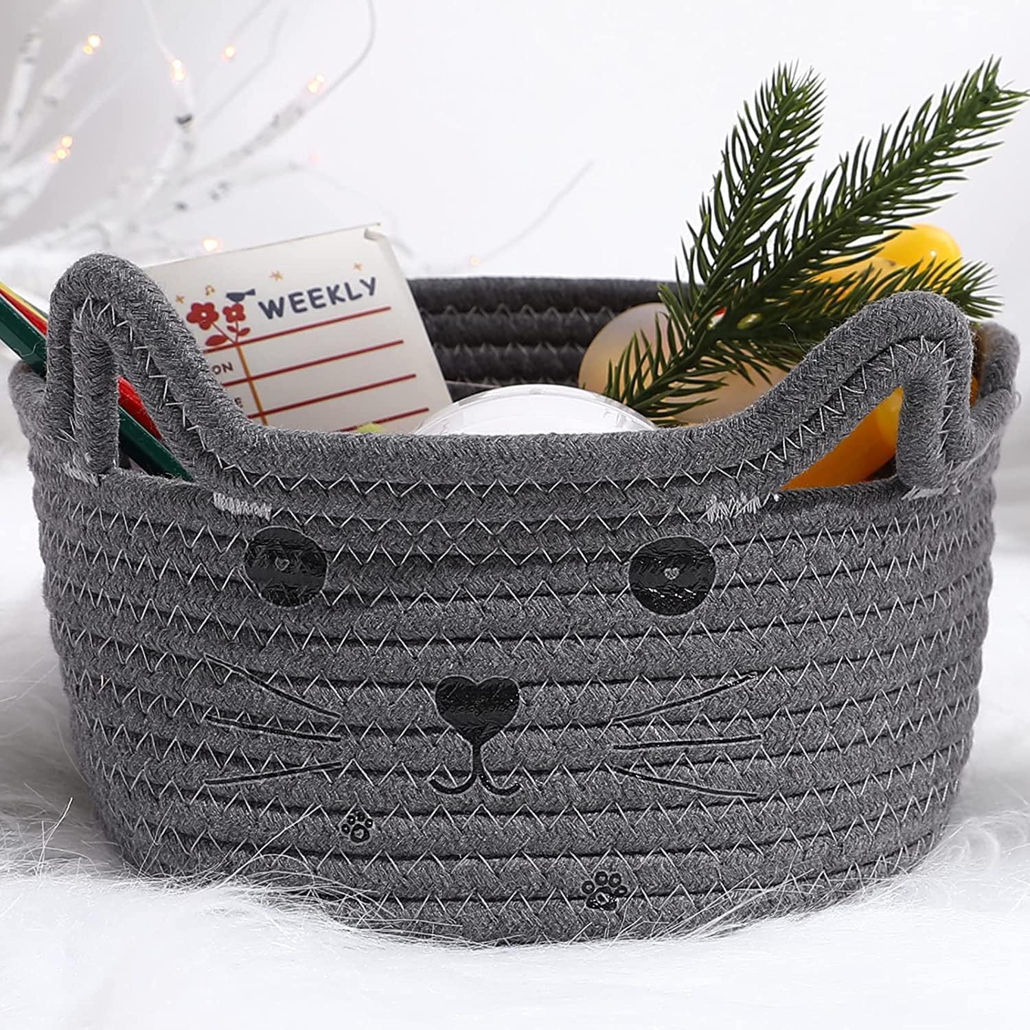 rugszone woven laundry basket,tall wicker laundry basket for blankets,clothes,pillows,toys,shoes large cotton laundry hamper for bedroom living room (small, drk grey cat)