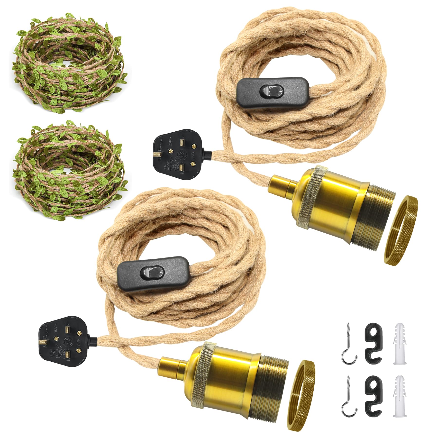 ZRLXFM 2 Pack Hemp Rope Pendant Light Kits with Switch, E27 Metal Lamp Holder with 500CM Cable, Vintage Plug in Hanging Light Fitting for DIY Lampshade, with 5M Green Leaf Decorative Cord