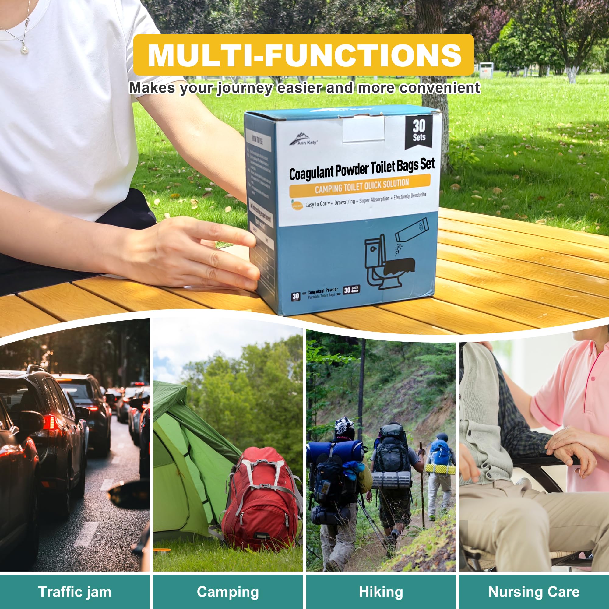 Ann Katy Super saugfähiges Polymer-Gel, tragbares und schnell absorbierendes Camping-Toiletten-Chemikalien-Gel mit 1,8 l Eimer, WC-Gepäck-Kordelzug, Notfall-Toilettenbeutel und Töpfchen-Gel, 30 Stück