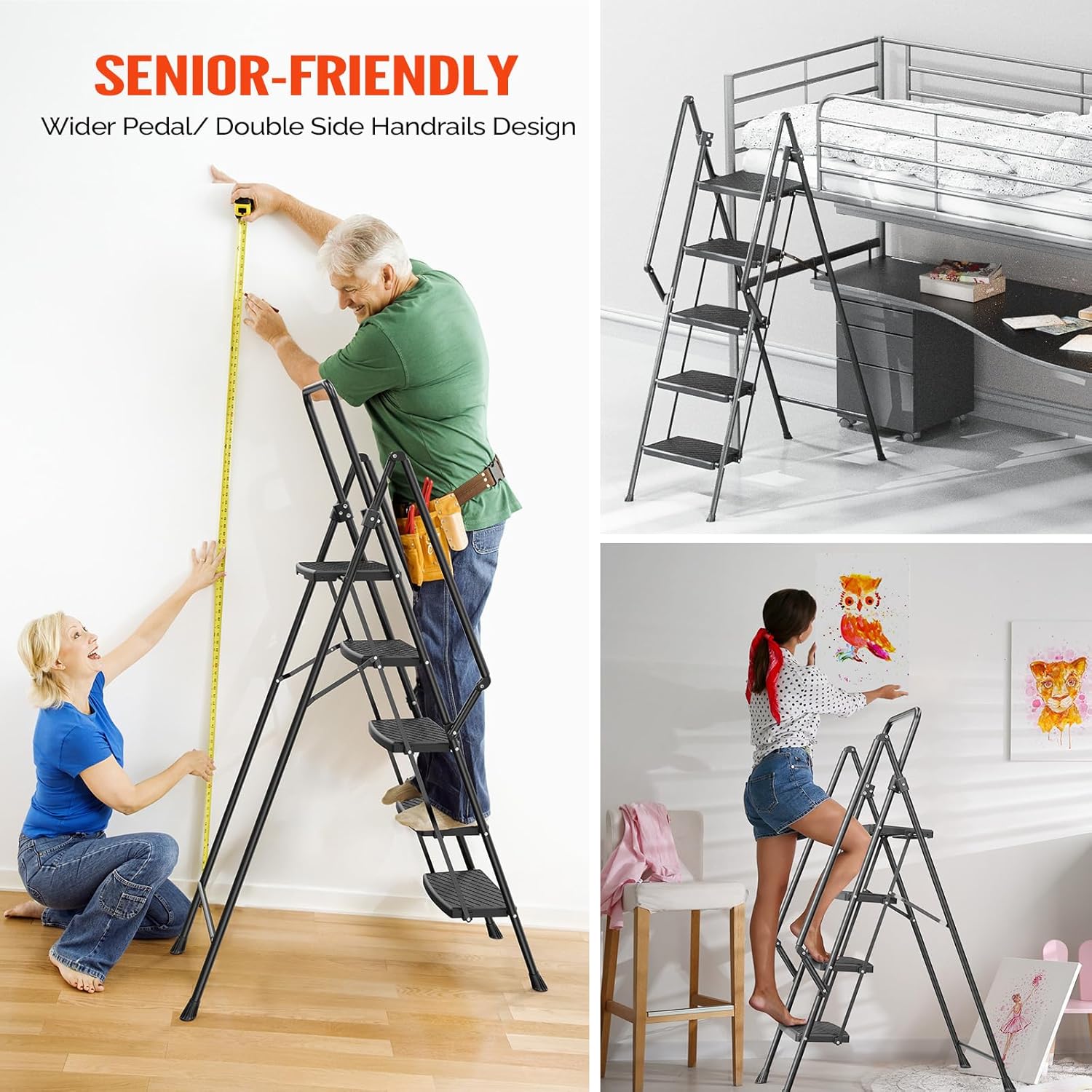 LUISLADDERS 5 Step Ladder with Handrails, Folding Step Stool with Widened Anti-Slip Pedal, 330lbs Lightweight Step Ladder 5 Step Folding, Multi-use for Home Kitchen Pantry Office, Black