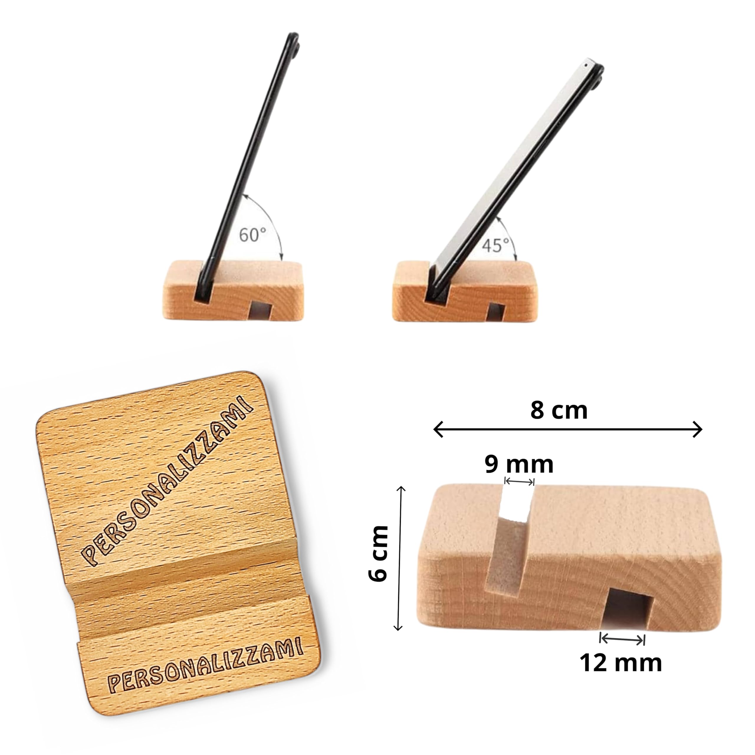 Porta Cellulare Universale da Tavolo in Legno Supporto per Smartphone Doppia Scanalatura per iPhone iPad