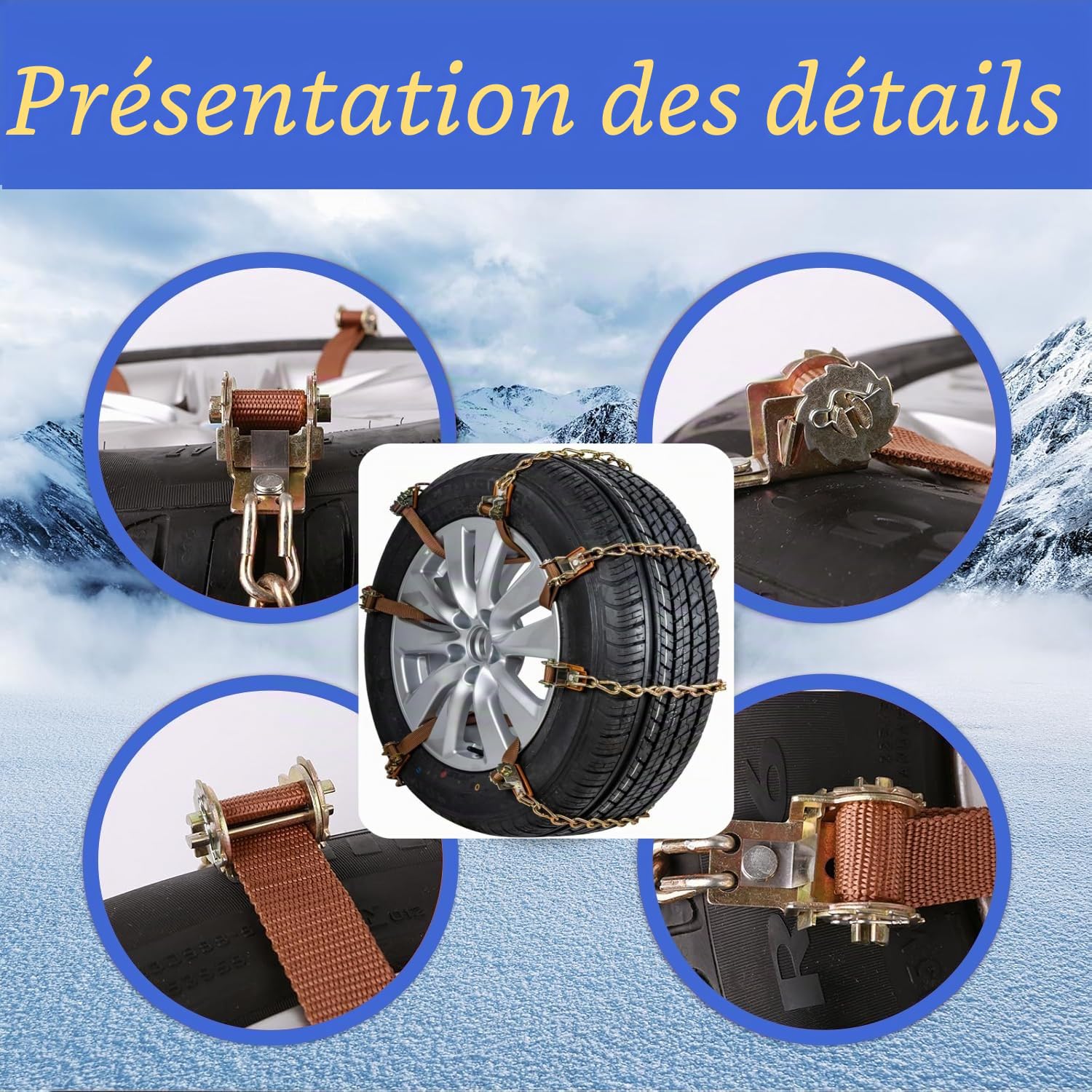 Lot de 8 chaînes à neige d'urgence pour pneus de voiture - 165-285 mm - Pour voiture, camion, SUV, routes enneigées - Avec pelle à neige en plastique et gants